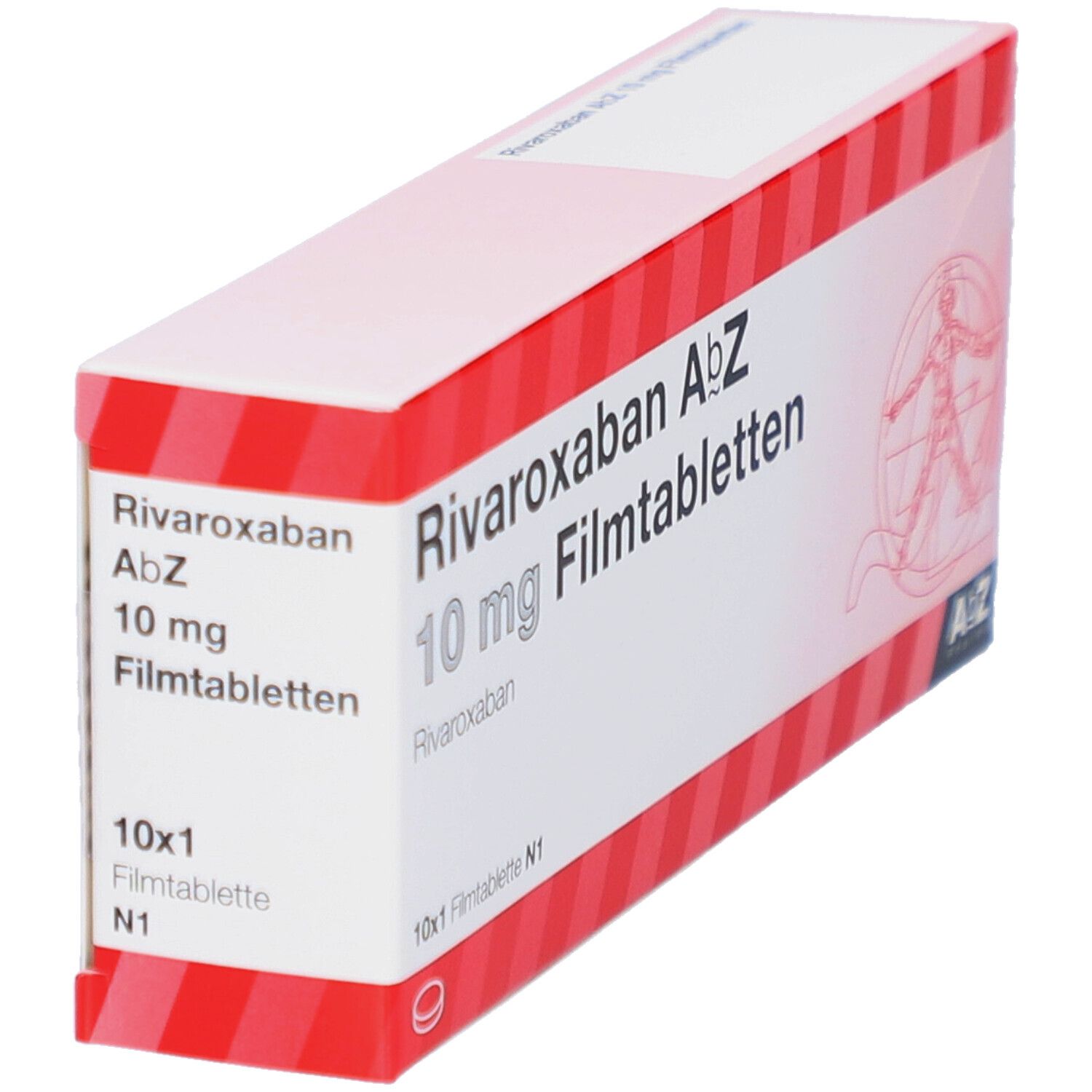 Schachtel "Rivaroxaban AbZ 10 mg Filmtabletten". Rote und weiße Verpackung. Text und Logo.