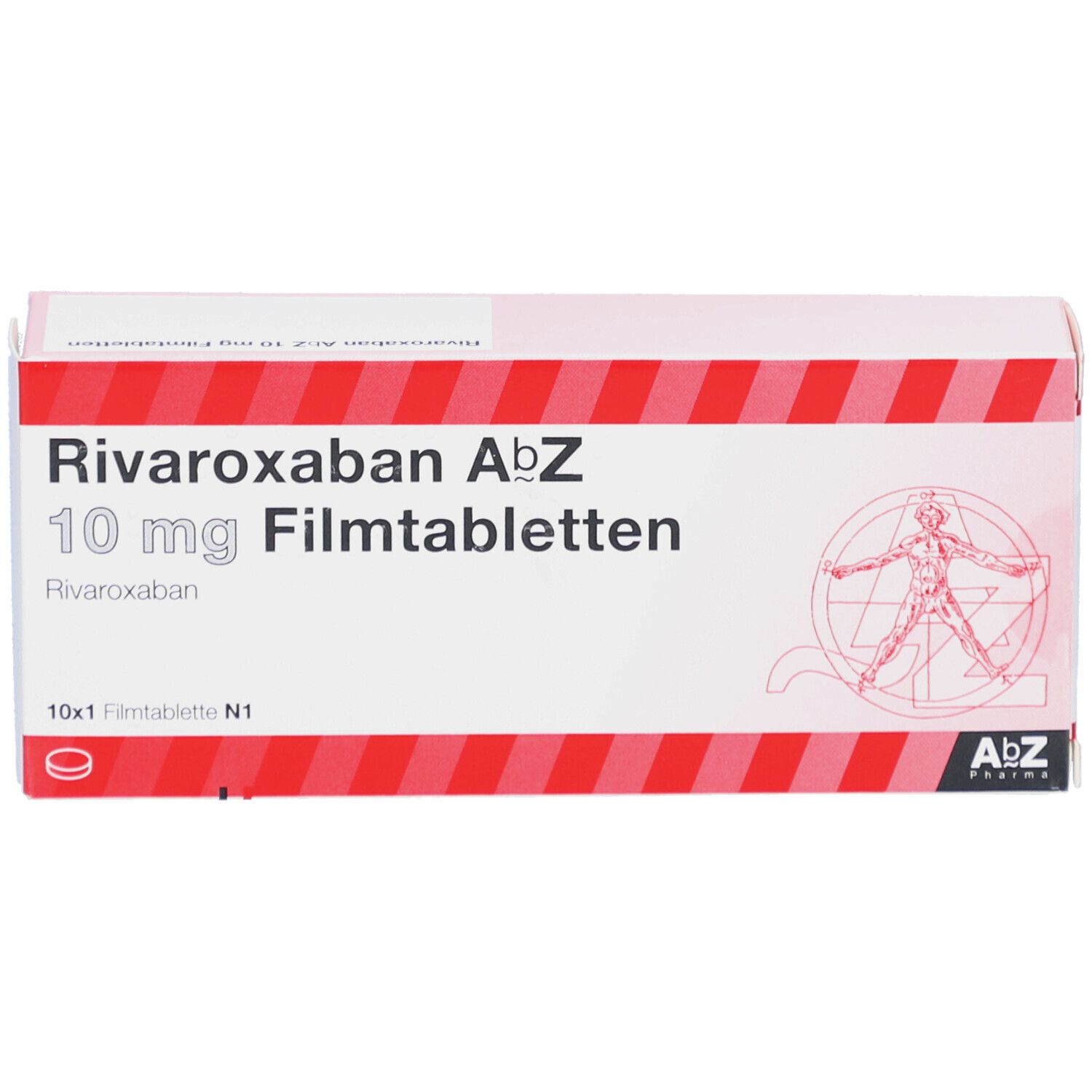 Schachtel "Rivaroxaban AbZ 10 mg Filmtabletten". Rote und weiße Verpackung. AbZ Pharma Logo.