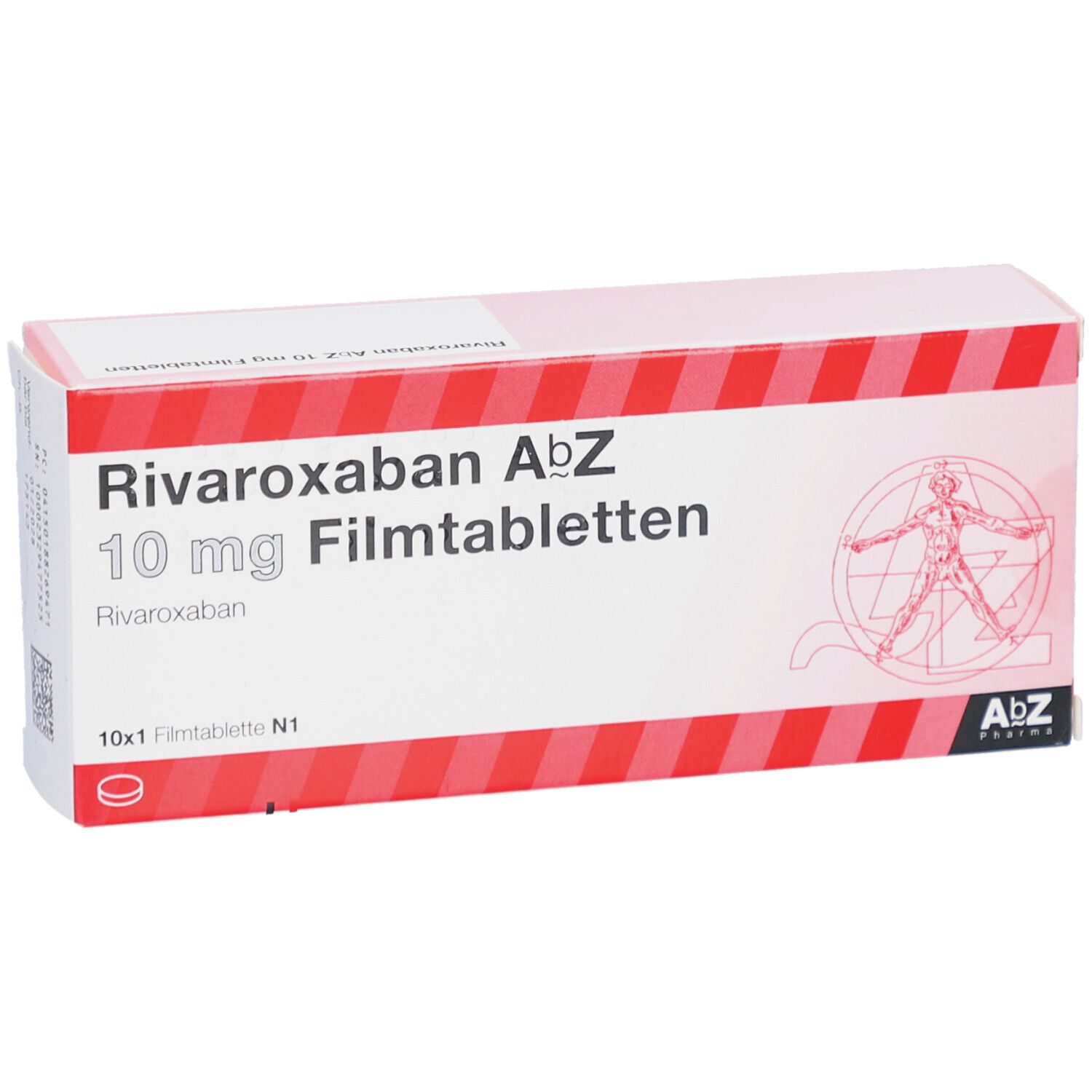 Schachtel "Rivaroxaban AbZ 10 mg Filmtabletten". Rote und weiße Verpackung. AbZ Pharma Logo.
