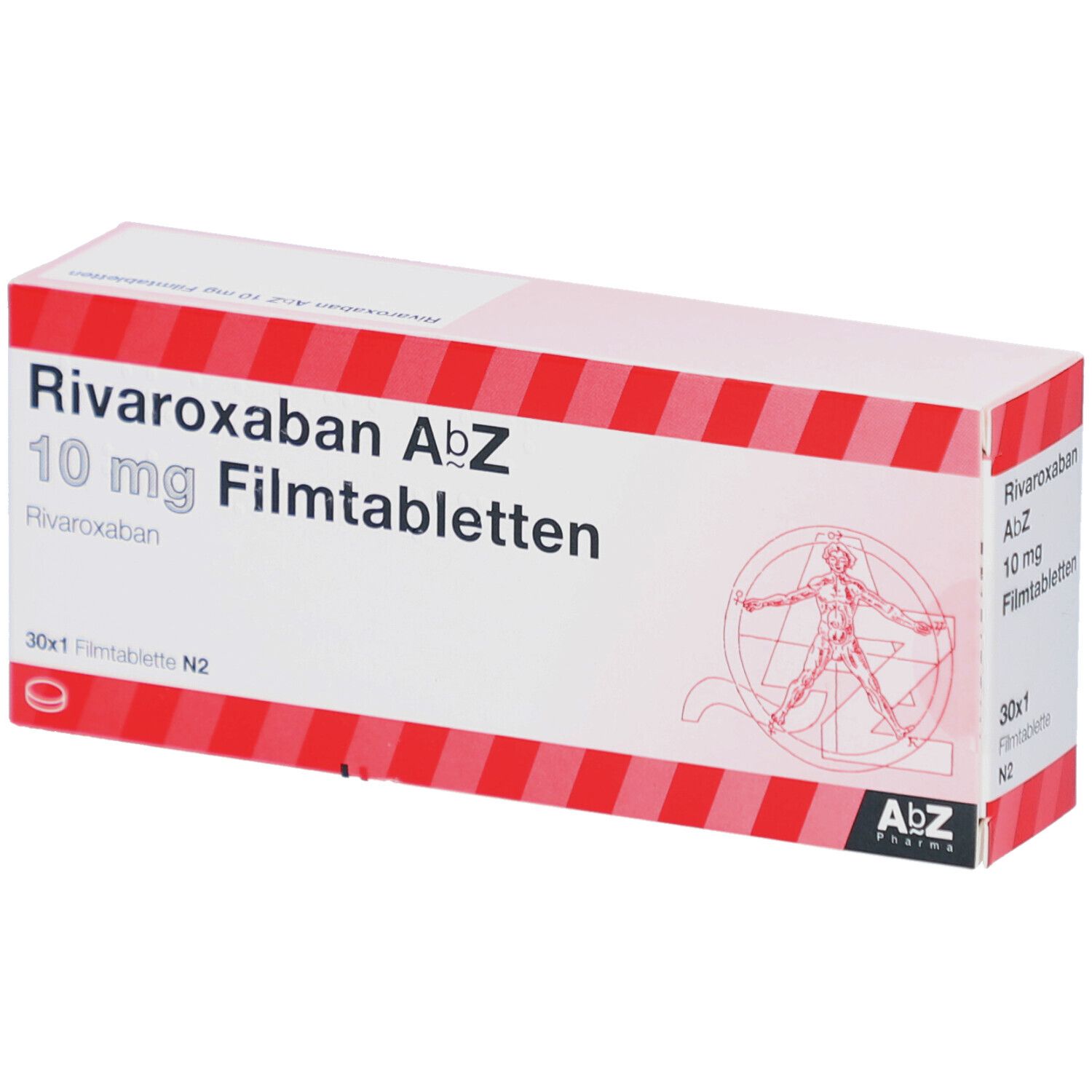 Schachtel mit Rivaroxaban AbZ 10 mg Filmtabletten. Rote und weiße Streifen. AbZ Pharma Logo.