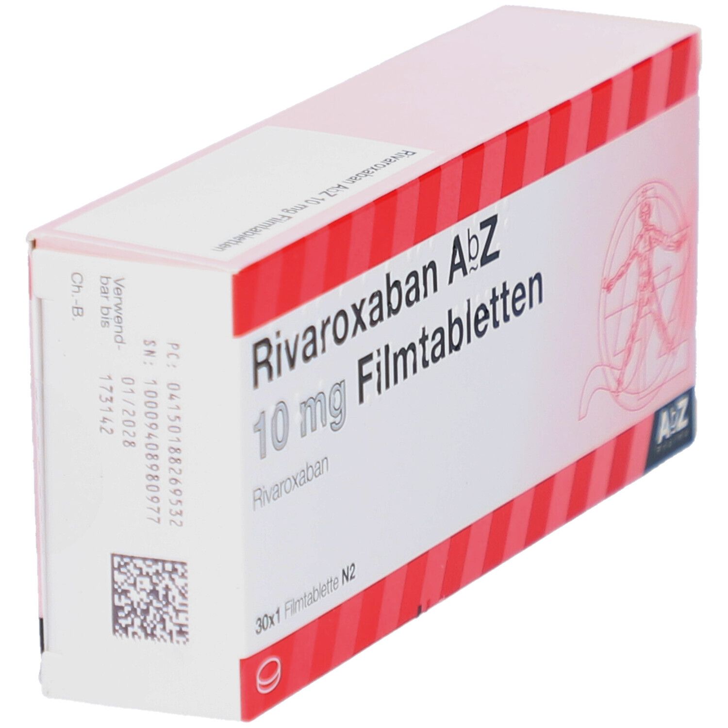 Schachtel mit Rivaroxaban AbZ 10 mg Filmtabletten. Rote und weiße Streifen. AbZ Pharma Logo.