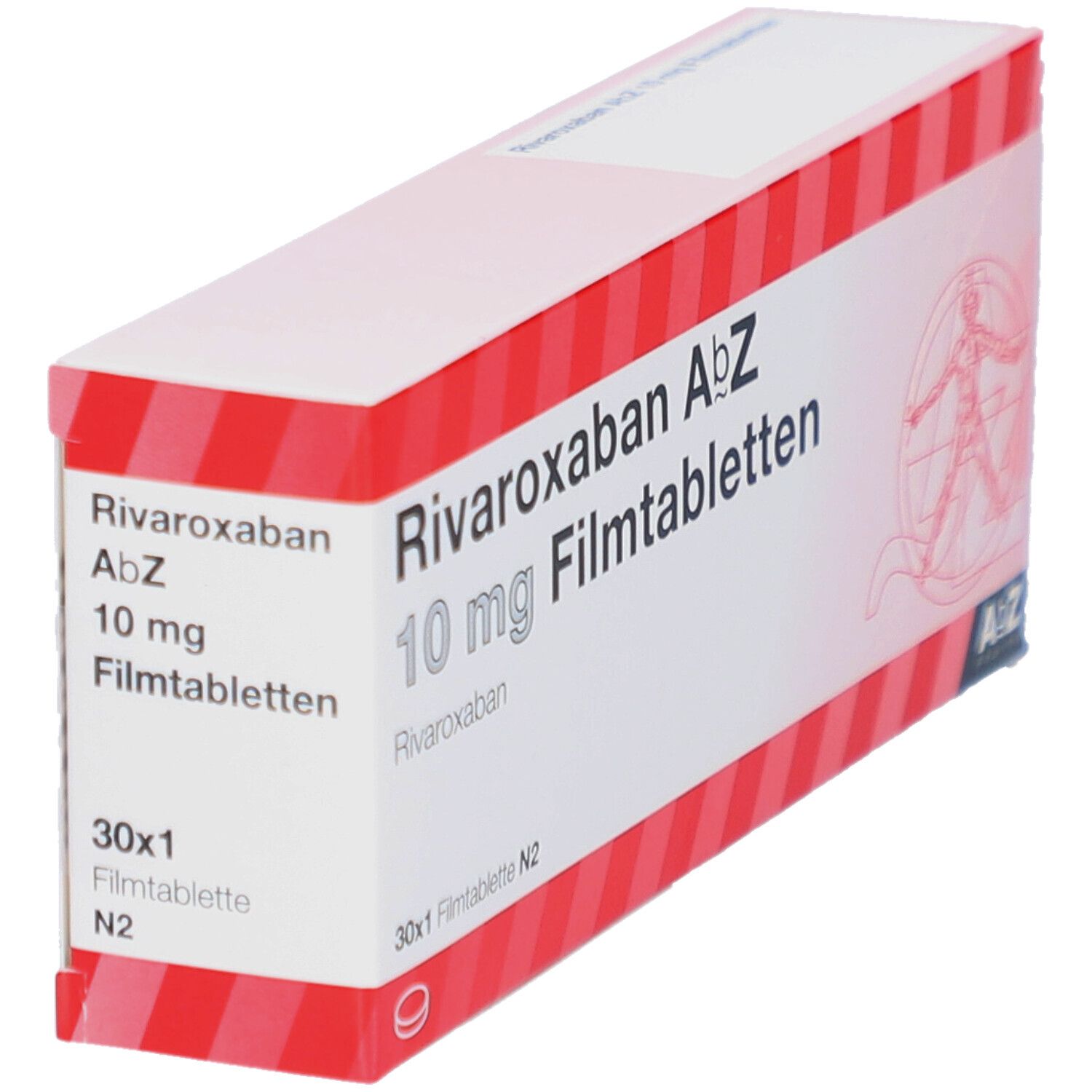 Schachtel mit Rivaroxaban AbZ 10 mg Filmtabletten. Rote und weiße Streifen. AbZ Pharma Logo.