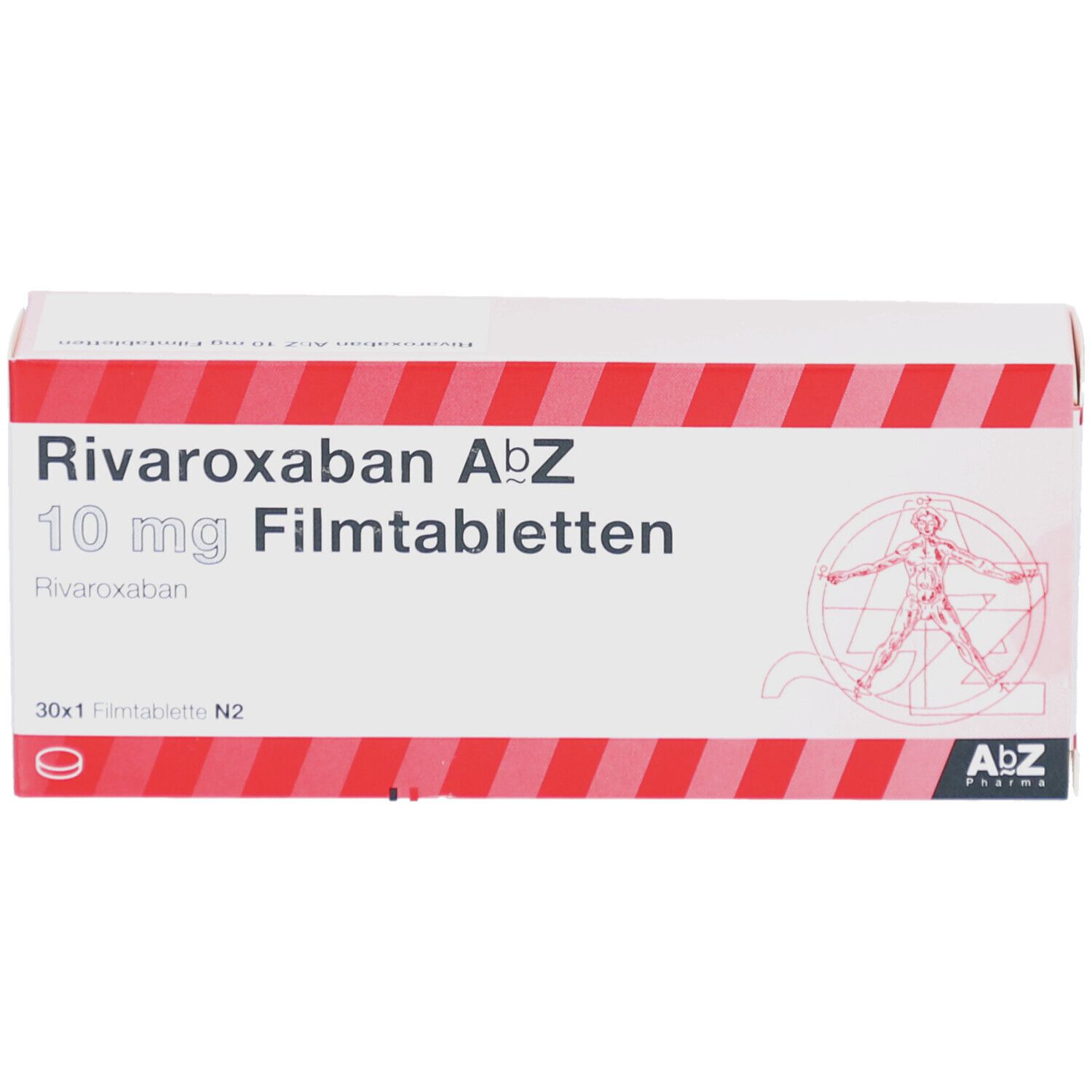 Schachtel mit Rivaroxaban AbZ 10 mg Filmtabletten. Rote und weiße Streifen. AbZ Pharma Logo.