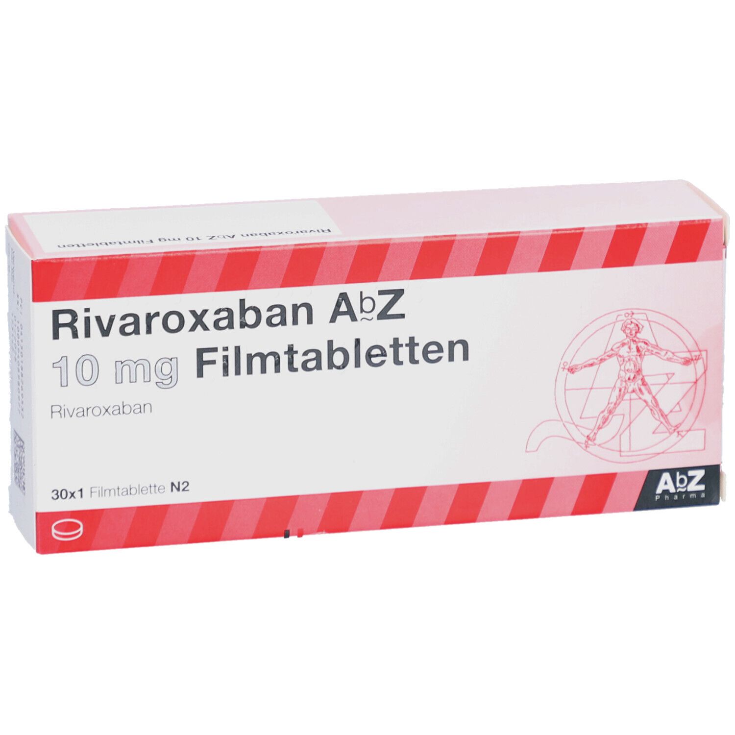 Schachtel mit Rivaroxaban AbZ 10 mg Filmtabletten. Rote und weiße Streifen. AbZ Pharma Logo.