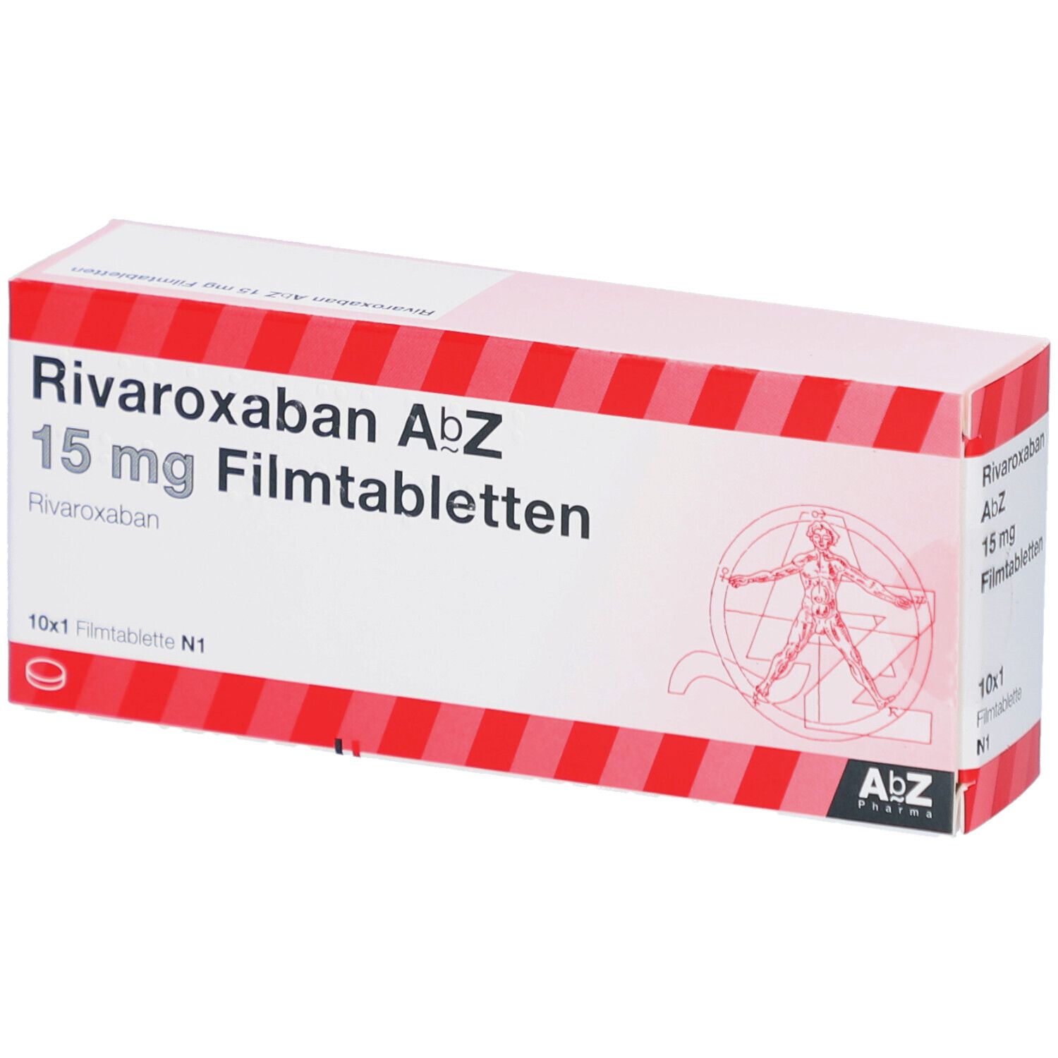 Schachtel mit "Rivaroxaban AbZ 15 mg Filmtabletten". Rote und weiße Streifen. AbZ Pharma Logo. 10x1 Filmtabletten.