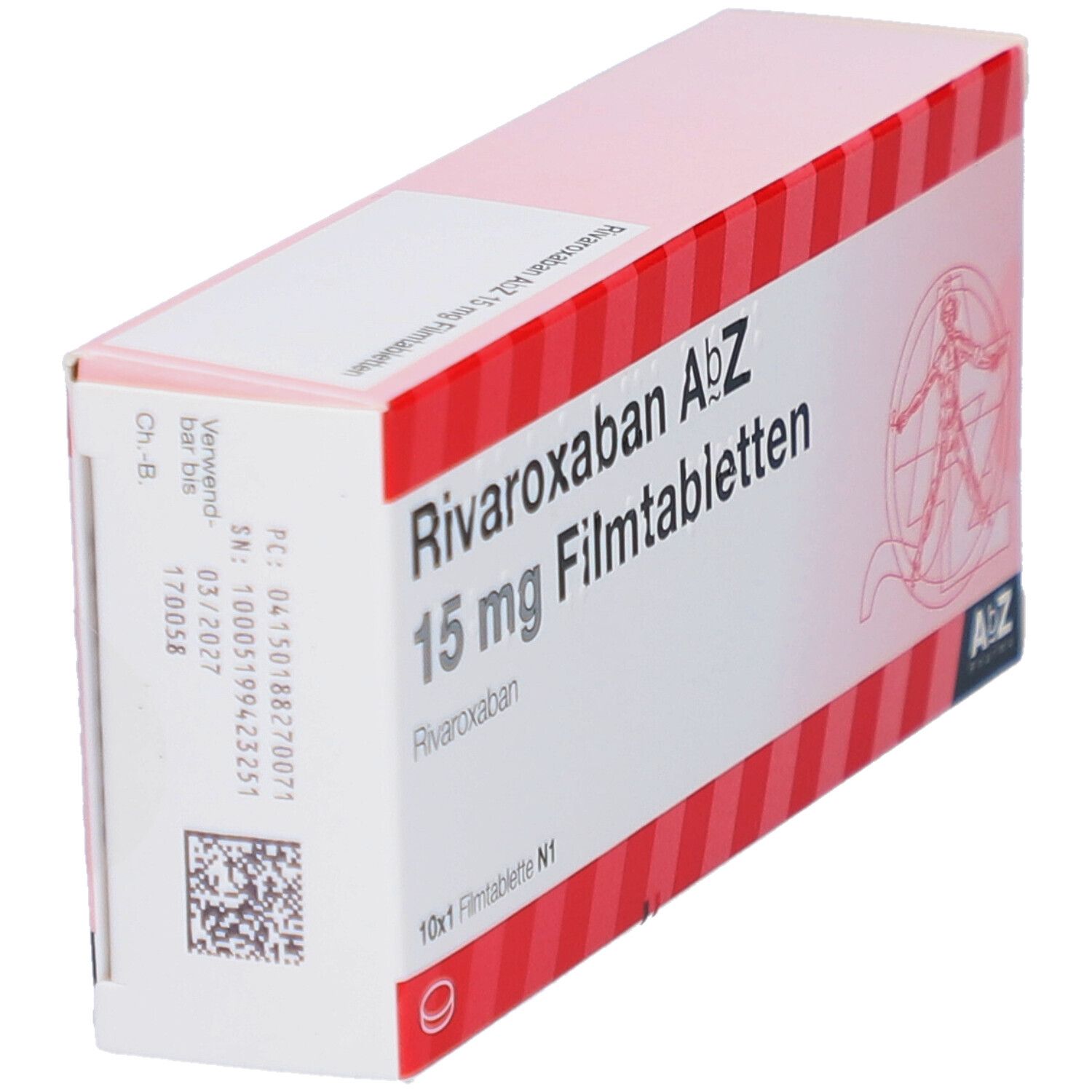 Schachtel "Rivaroxaban AbZ 15 mg Filmtabletten". Rote und weiße Streifen. AbZ Pharma Logo. Barcode und Verfallsdatum.