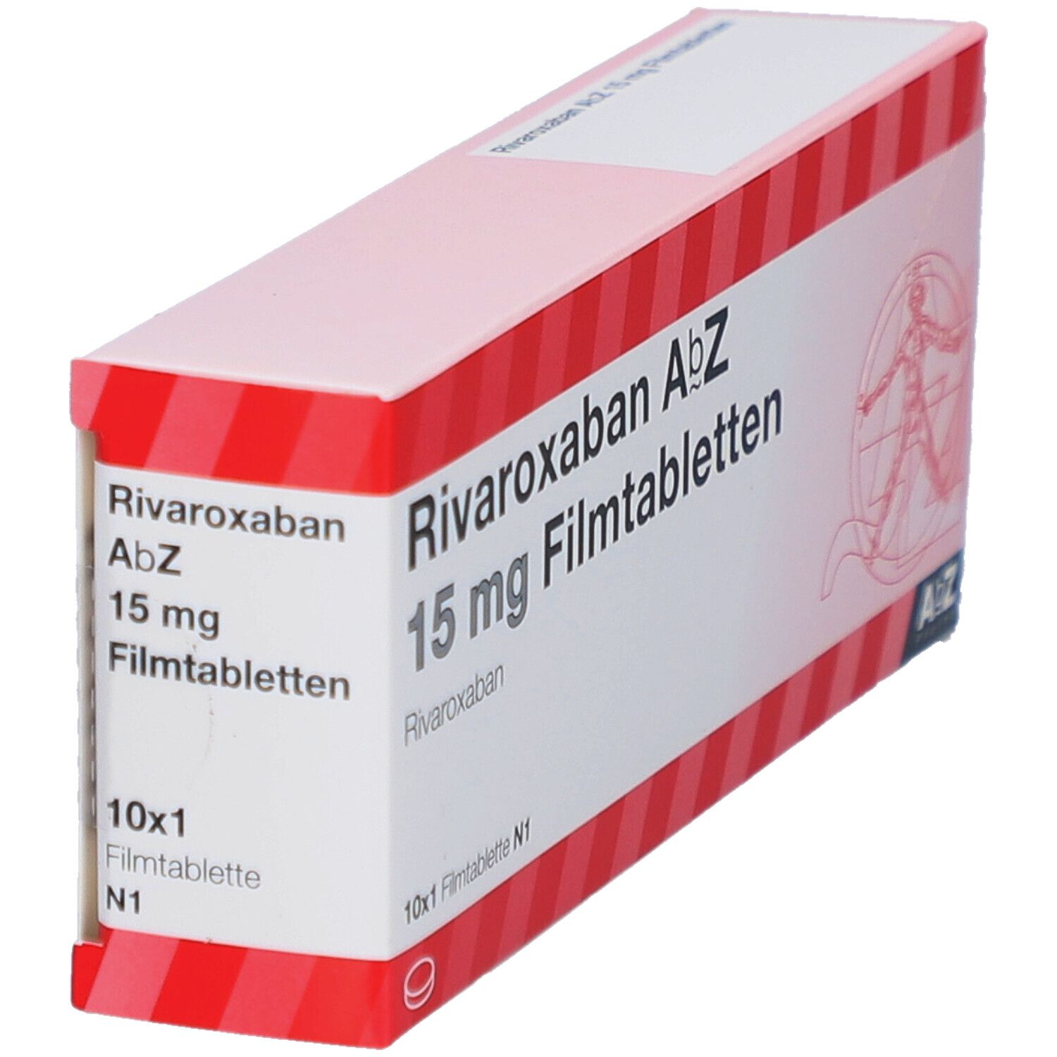 Schachtel "Rivaroxaban AbZ 15 mg Filmtabletten". Rote und weiße Streifen. AbZ Pharma Logo. 10x1 Filmtabletten.