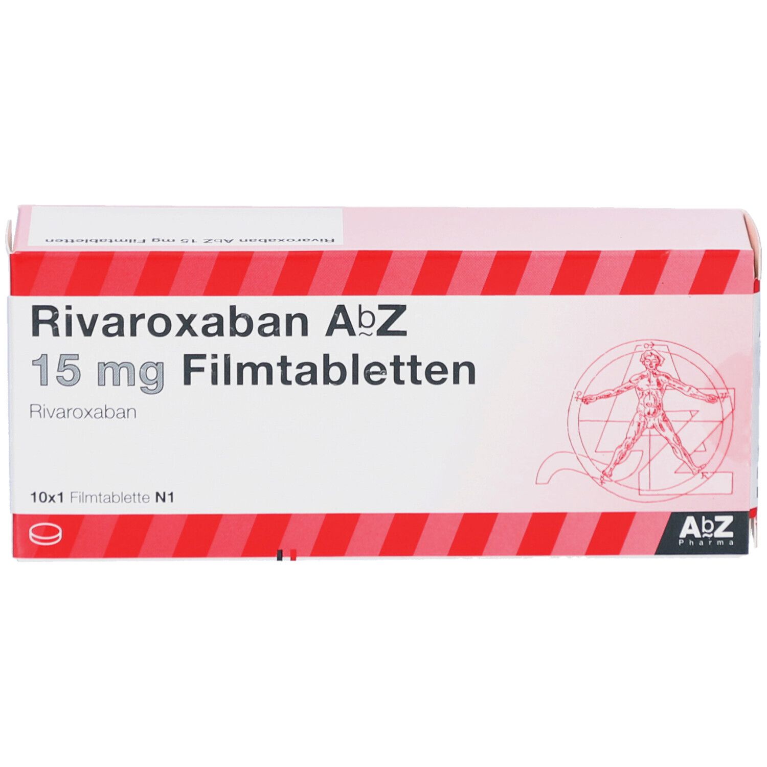 Schachtel "Rivaroxaban AbZ 15 mg Filmtabletten". Rote und weiße Streifen. AbZ Pharma Logo. 10x1 Filmtabletten.