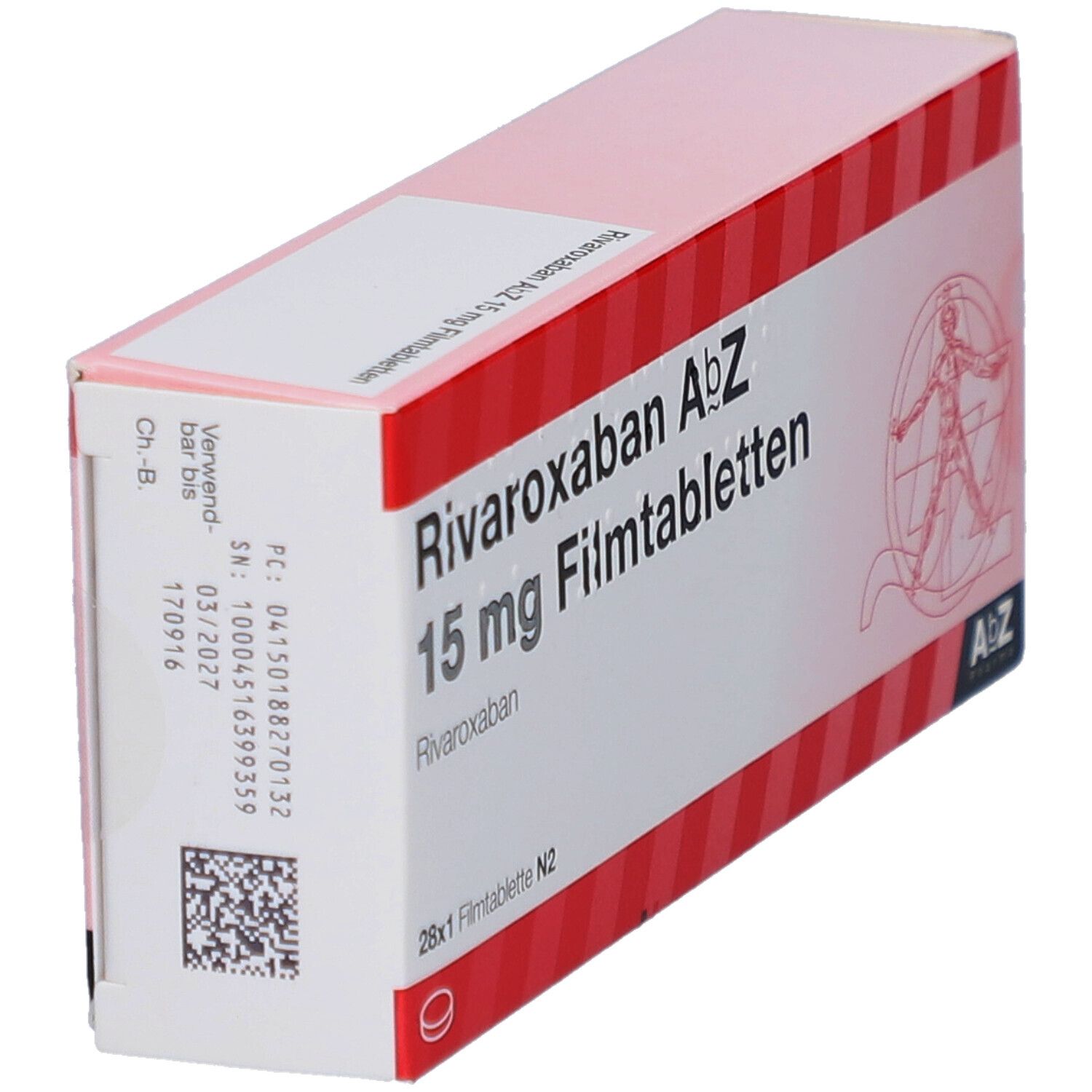 RIVAROXABAN AbZ 15 mg Filmtabletten-Packung. Schachtel mit Produktnamen, Dosierung, QR-Code und Logo.