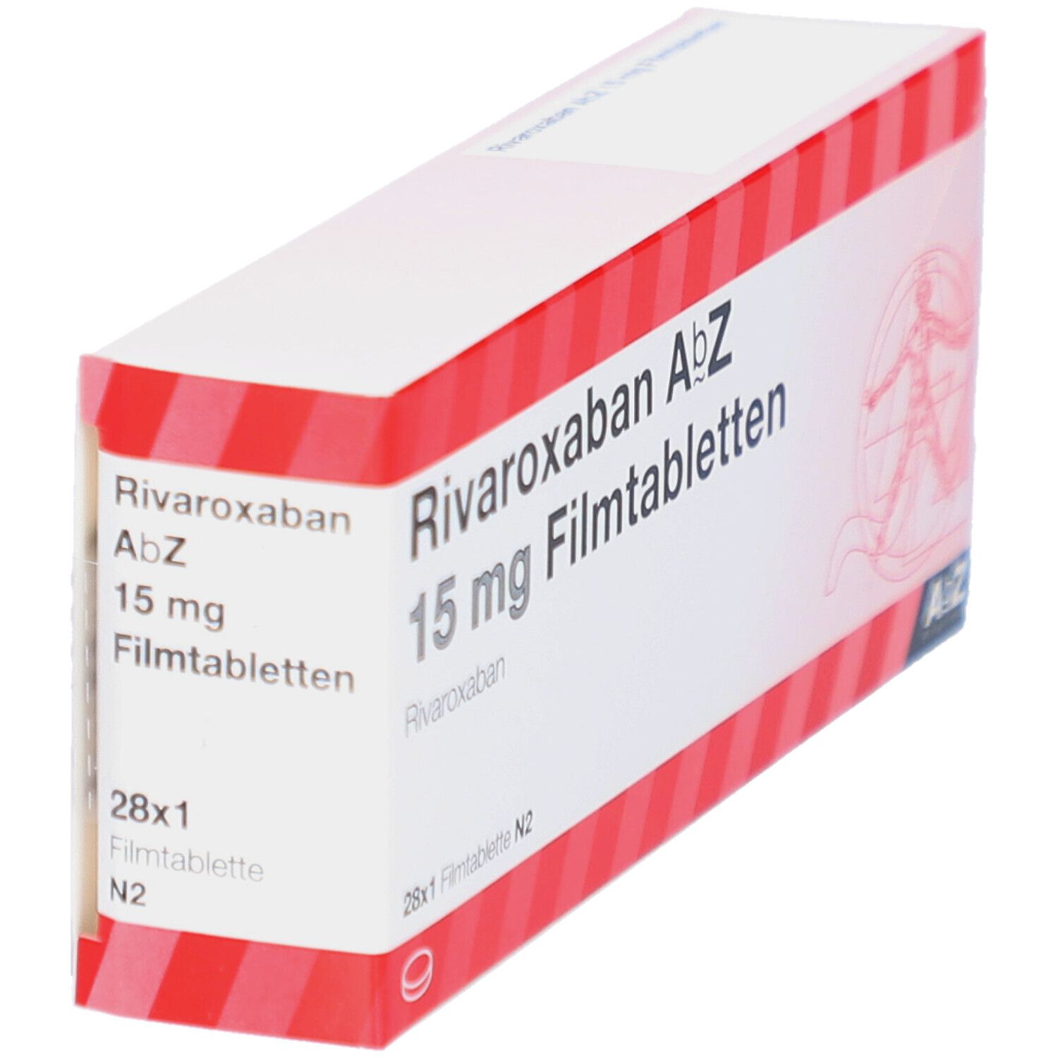 RIVAROXABAN AbZ 15 mg Filmtabletten-Packung. Schachtel mit Produktnamen, Dosierung und Logo.