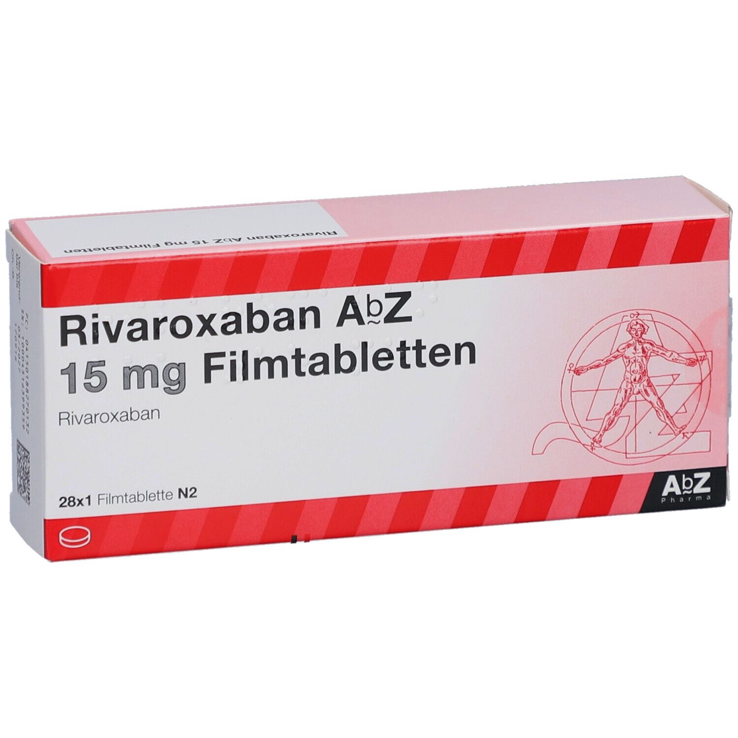 RIVAROXABAN AbZ 15 mg Filmtabletten-Packung. Weiß-rote Schachtel mit Produktnamen, Dosierung und Logo.
