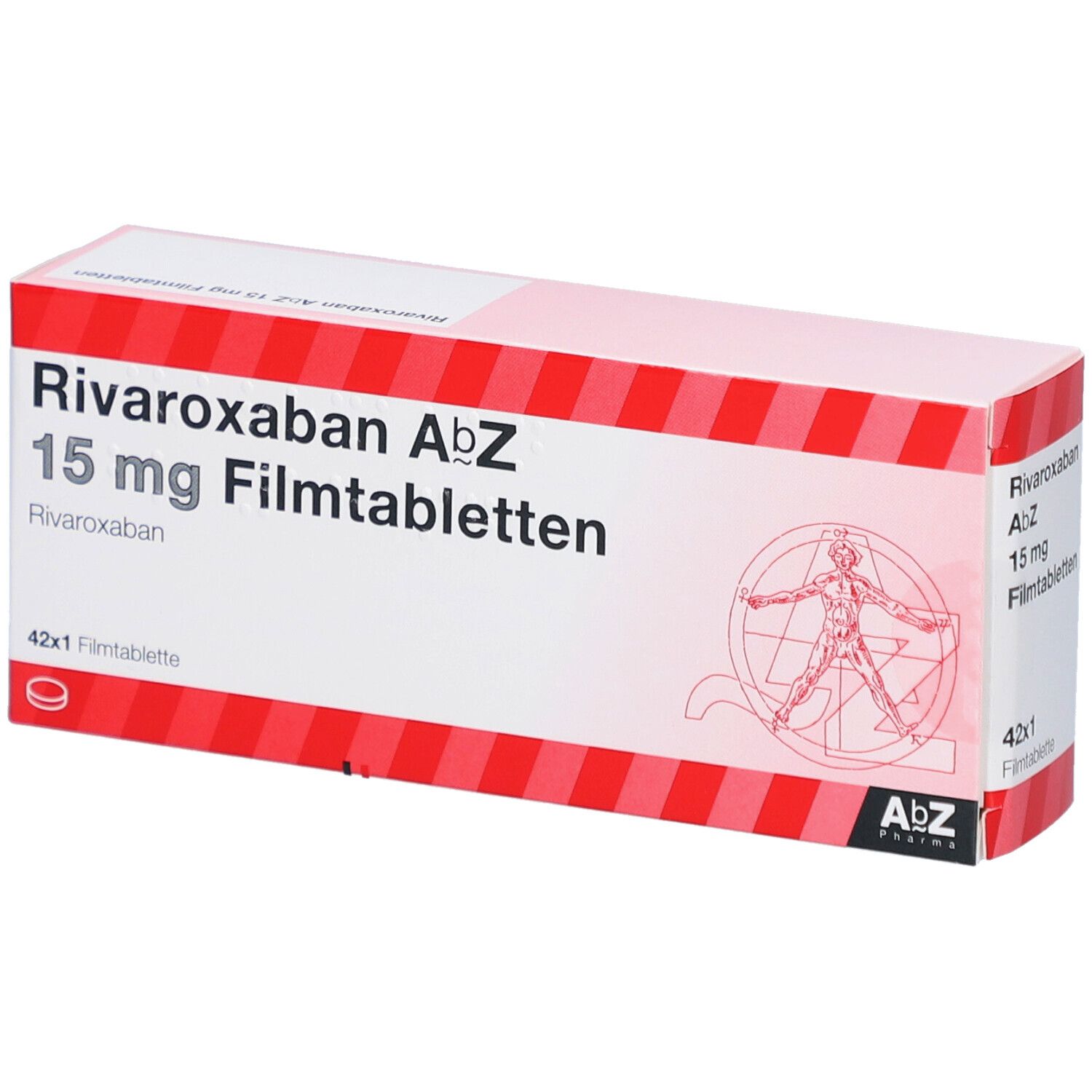 Schachtel mit RIVAROXABAN AbZ 15 mg Filmtabletten. Rote und weiße Streifen. AbZ Pharma Logo. 42x1 Filmtablette.