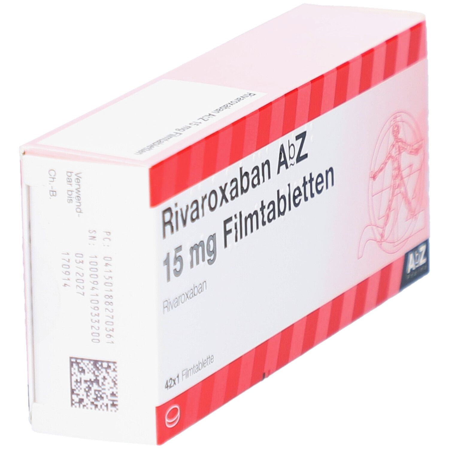 Schachtel RIVAROXABAN AbZ 15 mg Filmtabletten. Weiß mit roten Streifen. AbZ Pharma Logo. 42x1 Filmtablette. QR-Code.