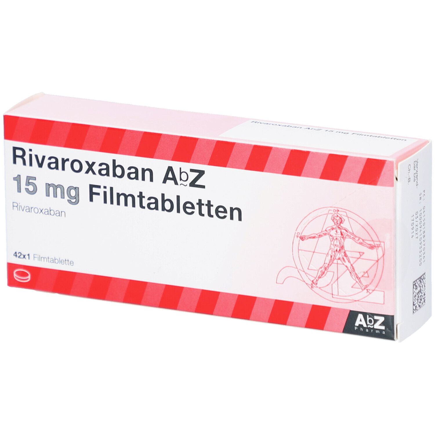 Schachtel RIVAROXABAN AbZ 15 mg Filmtabletten. Rote und weiße Streifen. AbZ Pharma Logo. 42x1 Filmtablette. Anatomie-Illustration.