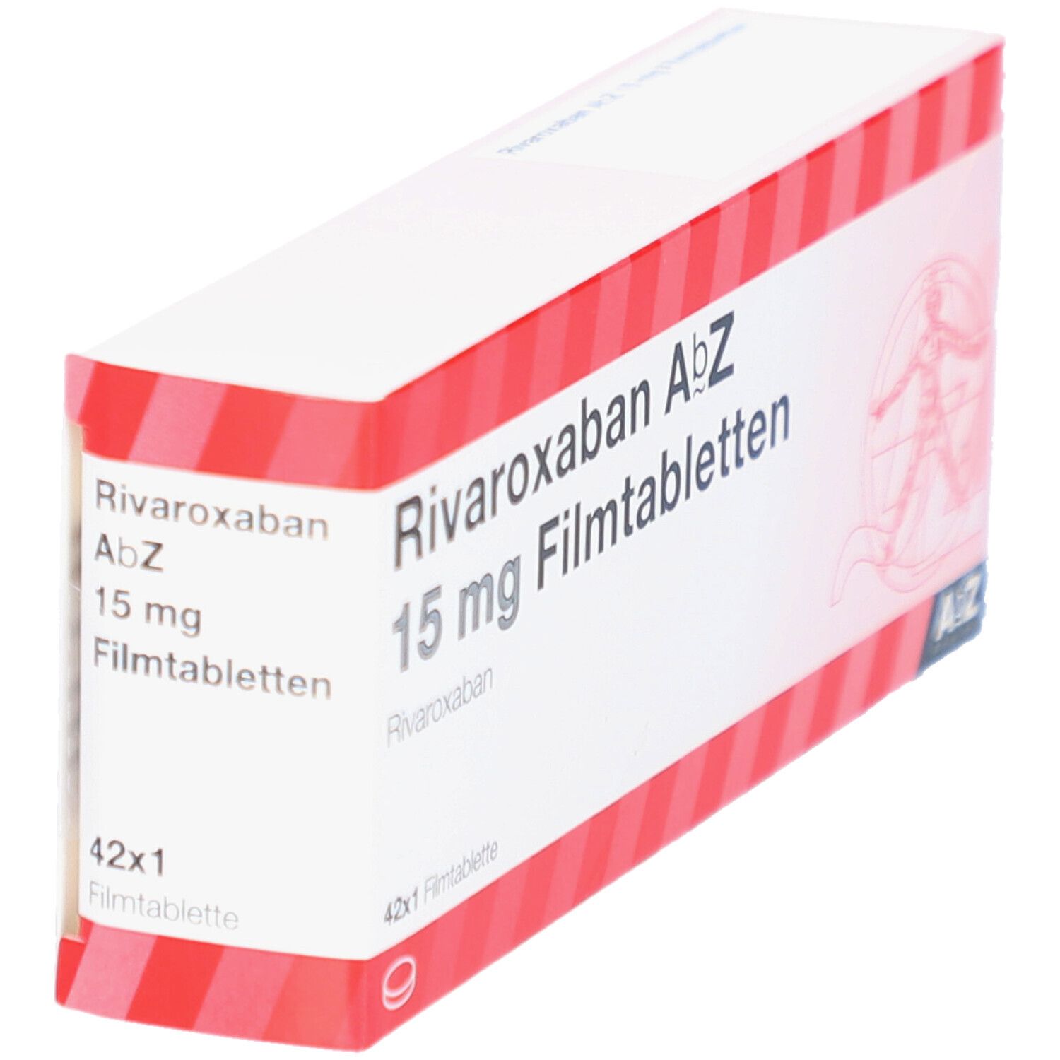 Schachtel RIVAROXABAN AbZ 15 mg Filmtabletten. Weiß mit roten Streifen. AbZ Pharma Logo. 42x1 Filmtablette. Schräge Ansicht.