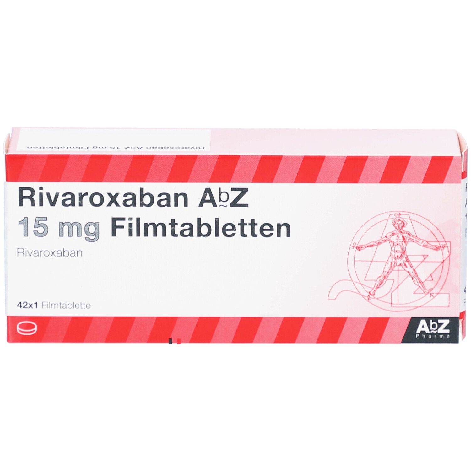 Schachtel RIVAROXABAN AbZ 15 mg Filmtabletten. Rote und weiße Streifen. AbZ Pharma Logo. 42x1 Filmtablette. Anatomie-Illustration.