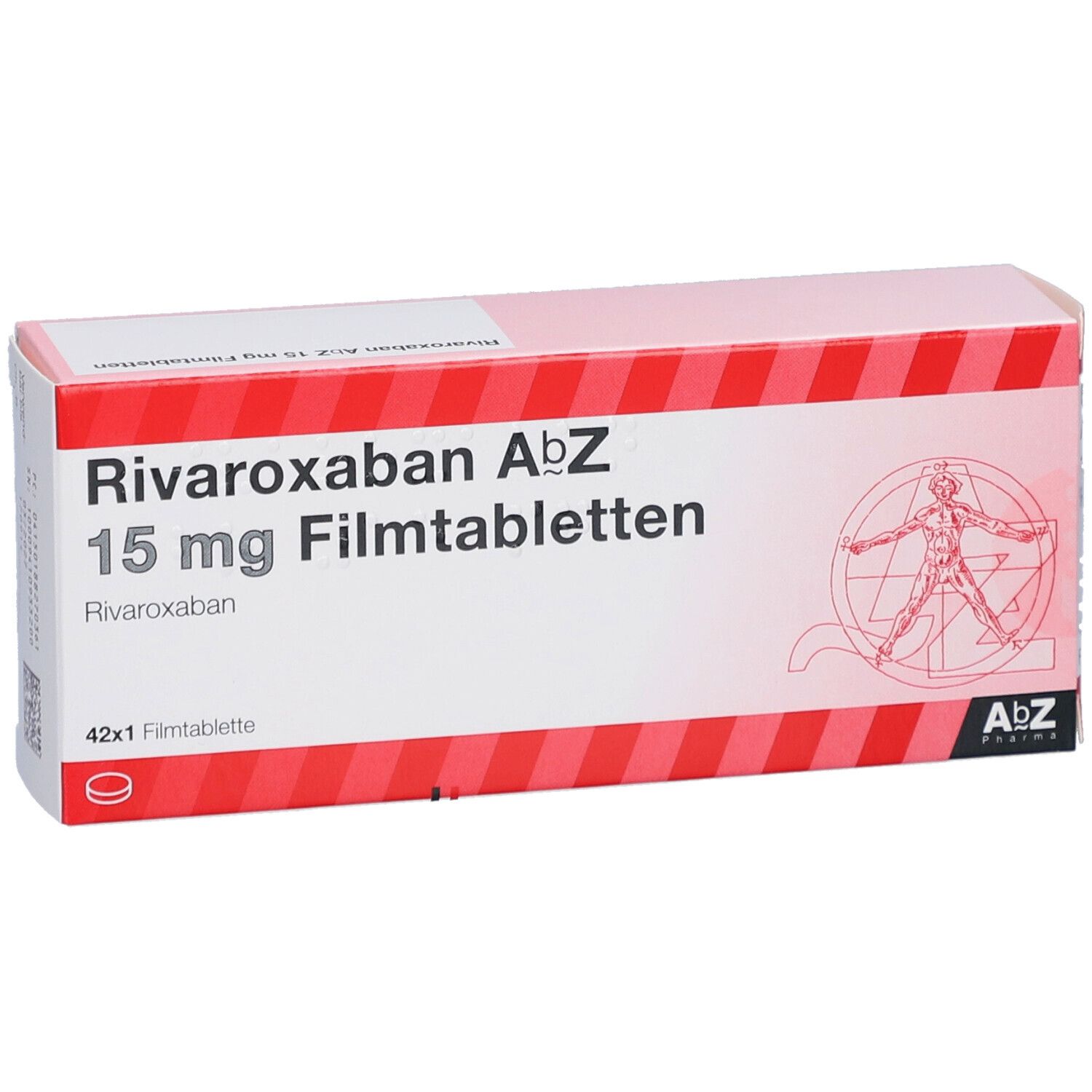 Schachtel RIVAROXABAN AbZ 15 mg Filmtabletten. Rote und weiße Streifen. AbZ Pharma Logo. 42x1 Filmtablette. Anatomie-Illustration.