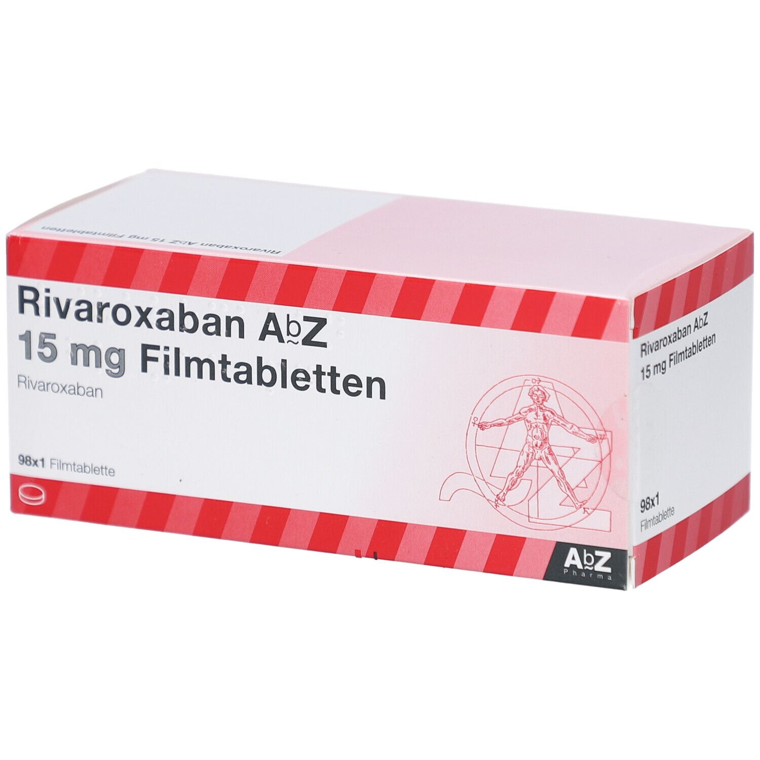 Schachtel mit Medikamenten. Aufschrift: Rivaroxaban AbZ 15 mg Filmtabletten. 98x1 Filmtablette. Logo AbZ Pharma.
