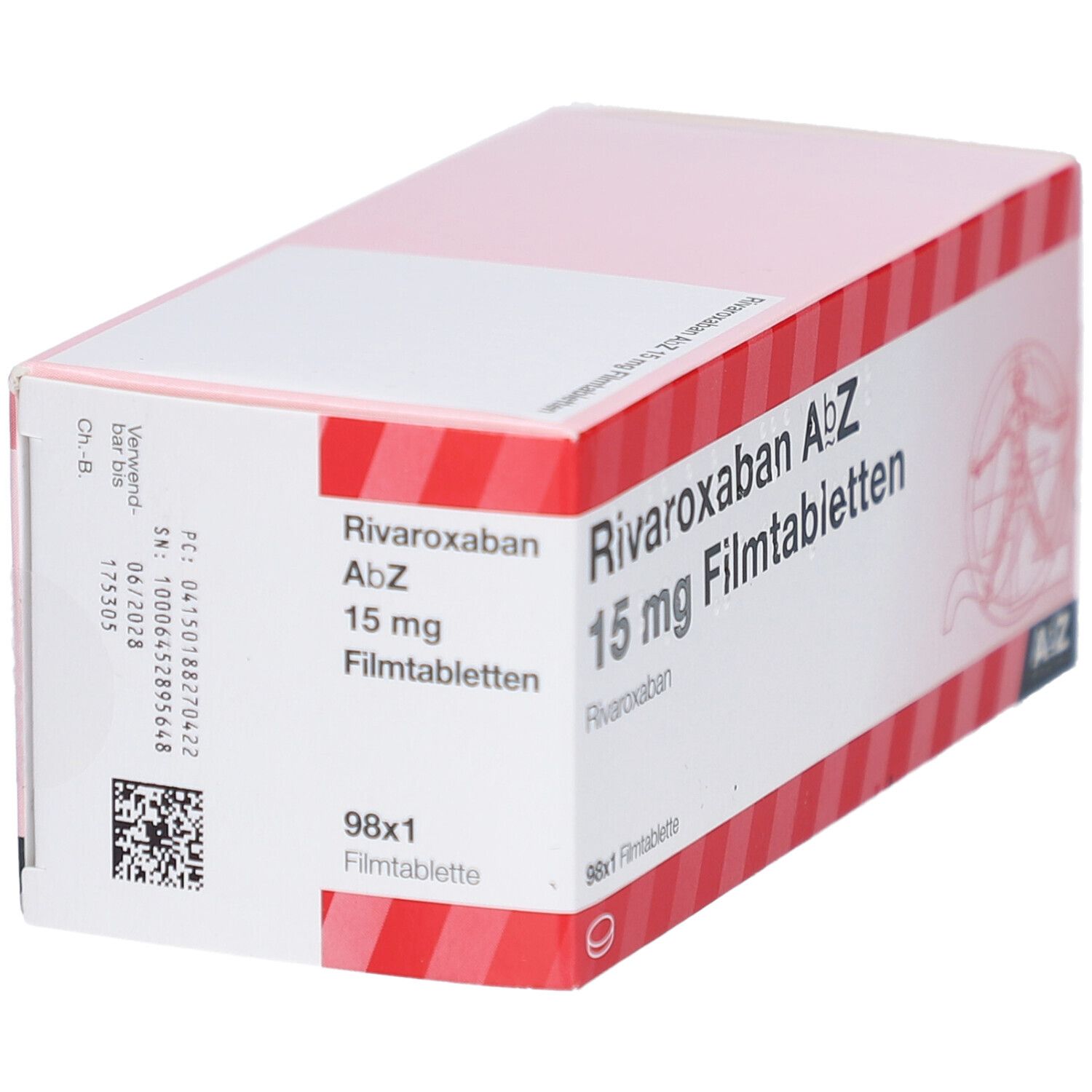 Medikamentenverpackung. Aufschrift: Rivaroxaban AbZ 15 mg Filmtabletten. 98x1 Filmtablette. QR-Code und Chargennummer.