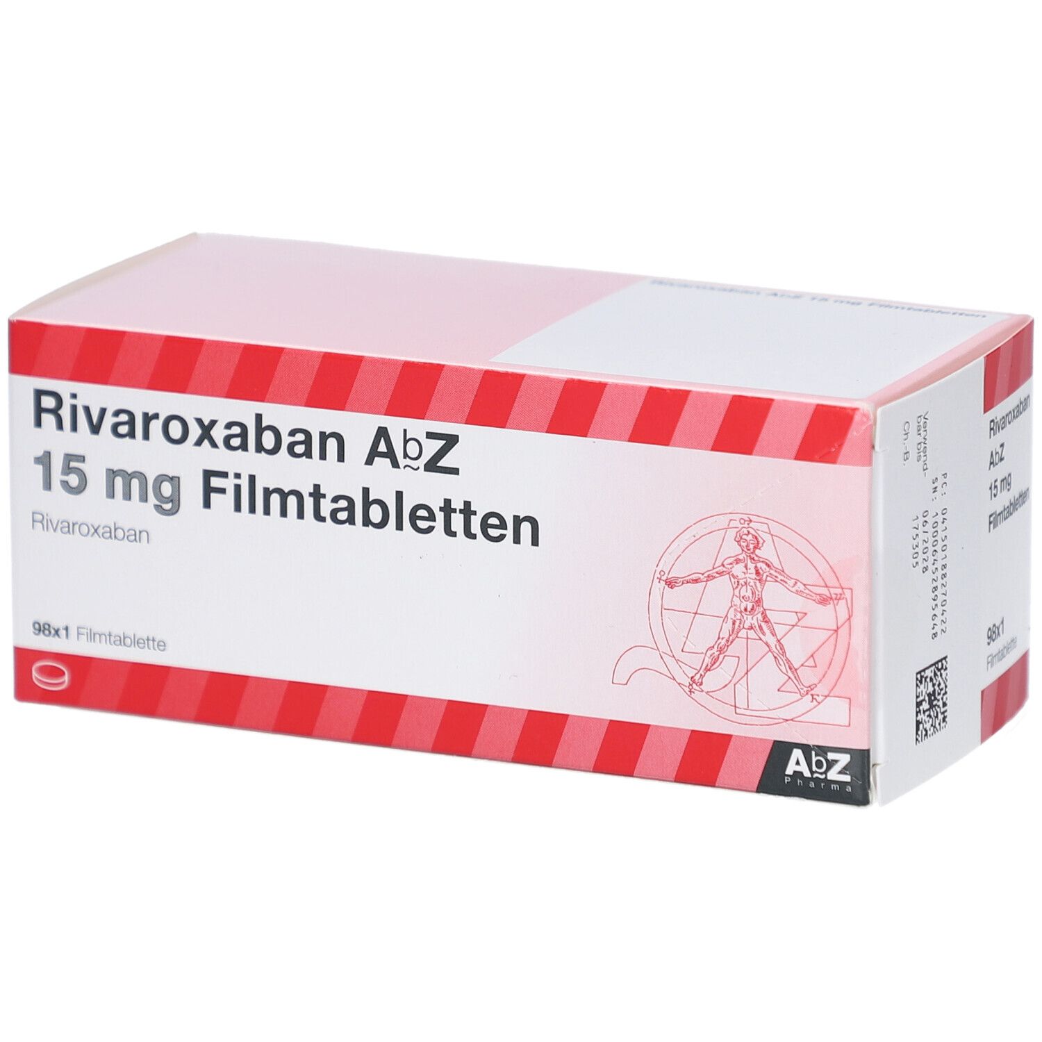 Medikamentenverpackung. Aufschrift: Rivaroxaban AbZ 15 mg Filmtabletten. 98x1 Filmtablette. Logo AbZ Pharma. Anatomie-Illustration.