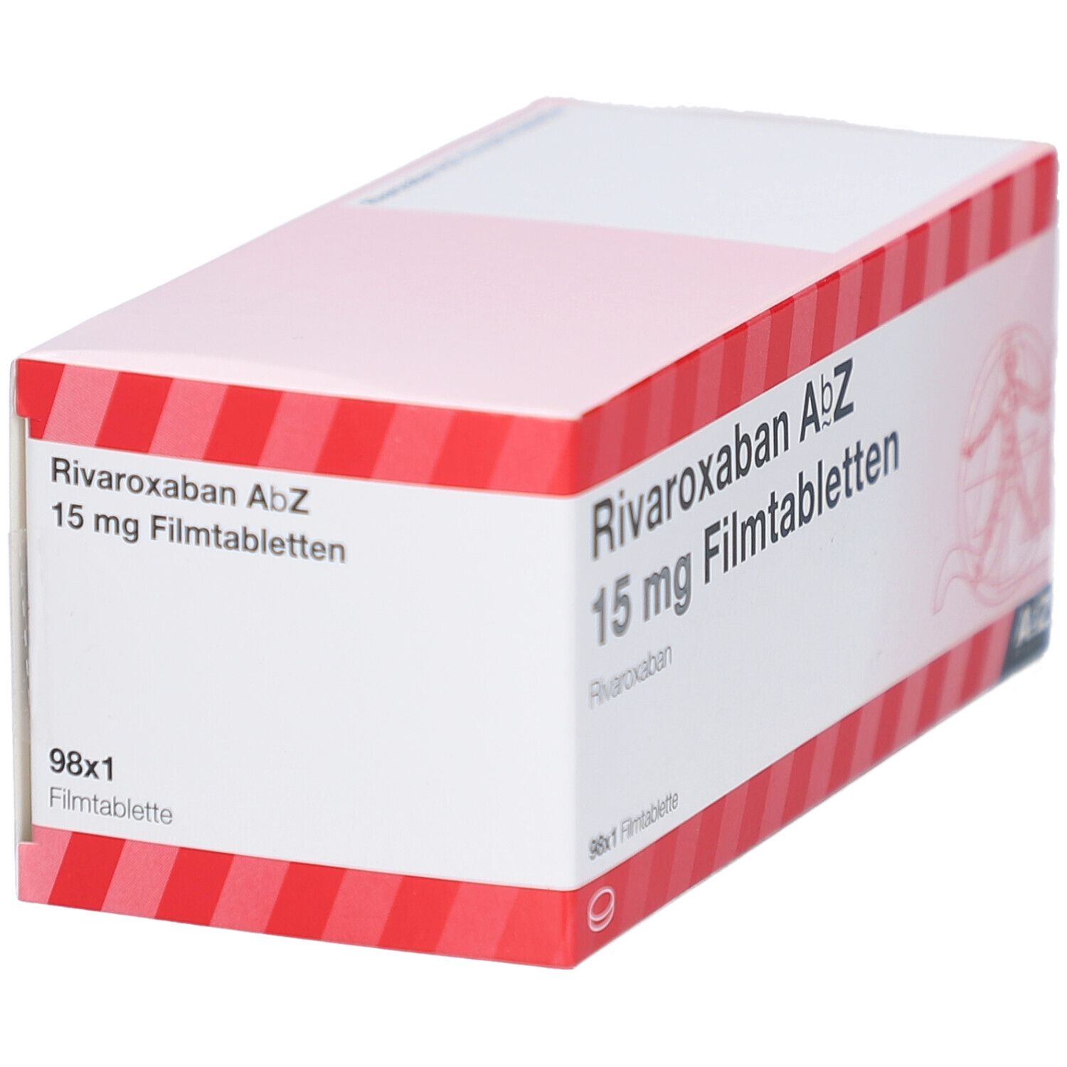Medikamentenverpackung. Aufschrift: Rivaroxaban AbZ 15 mg Filmtabletten. 98x1 Filmtablette. Logo AbZ Pharma. Schräge Ansicht.