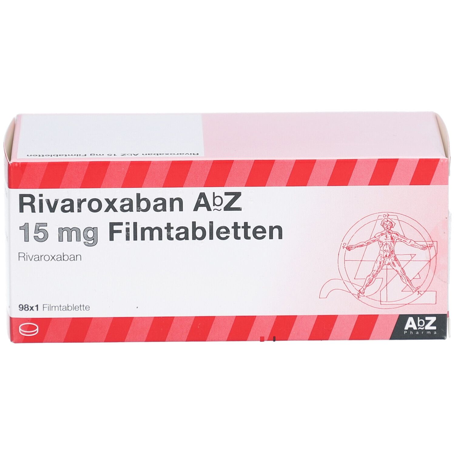 Medikamentenverpackung. Aufschrift: Rivaroxaban AbZ 15 mg Filmtabletten. 98x1 Filmtablette. Logo AbZ Pharma. Anatomie-Illustration.