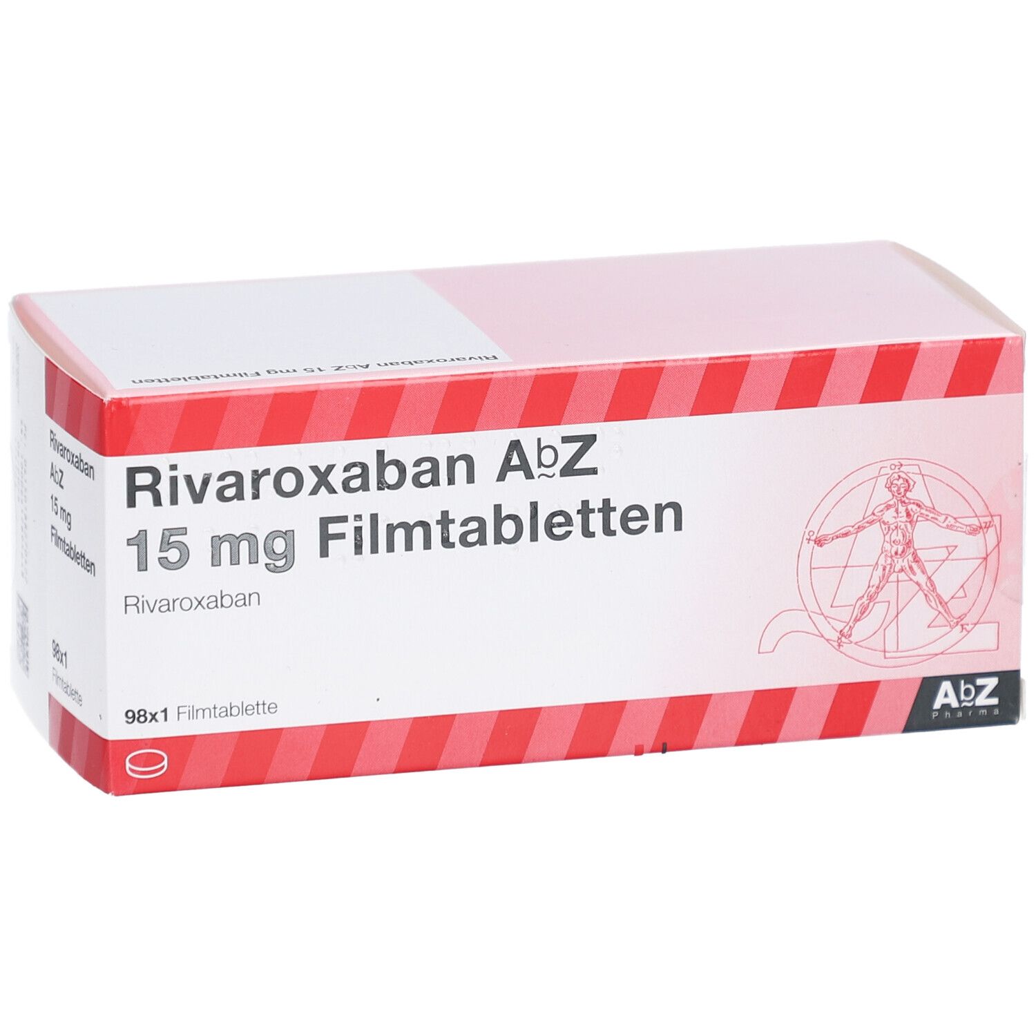 Medikamentenverpackung. Aufschrift: Rivaroxaban AbZ 15 mg Filmtabletten. 98x1 Filmtablette. Logo AbZ Pharma. Anatomie-Illustration.