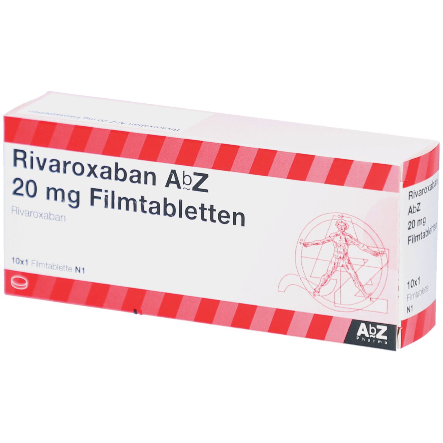 Rote und weiße Schachtel mit Aufschrift: Rivaroxaban AbZ 20 mg Filmtabletten. AbZ Pharma Logo. 10x1 Filmtabletten.