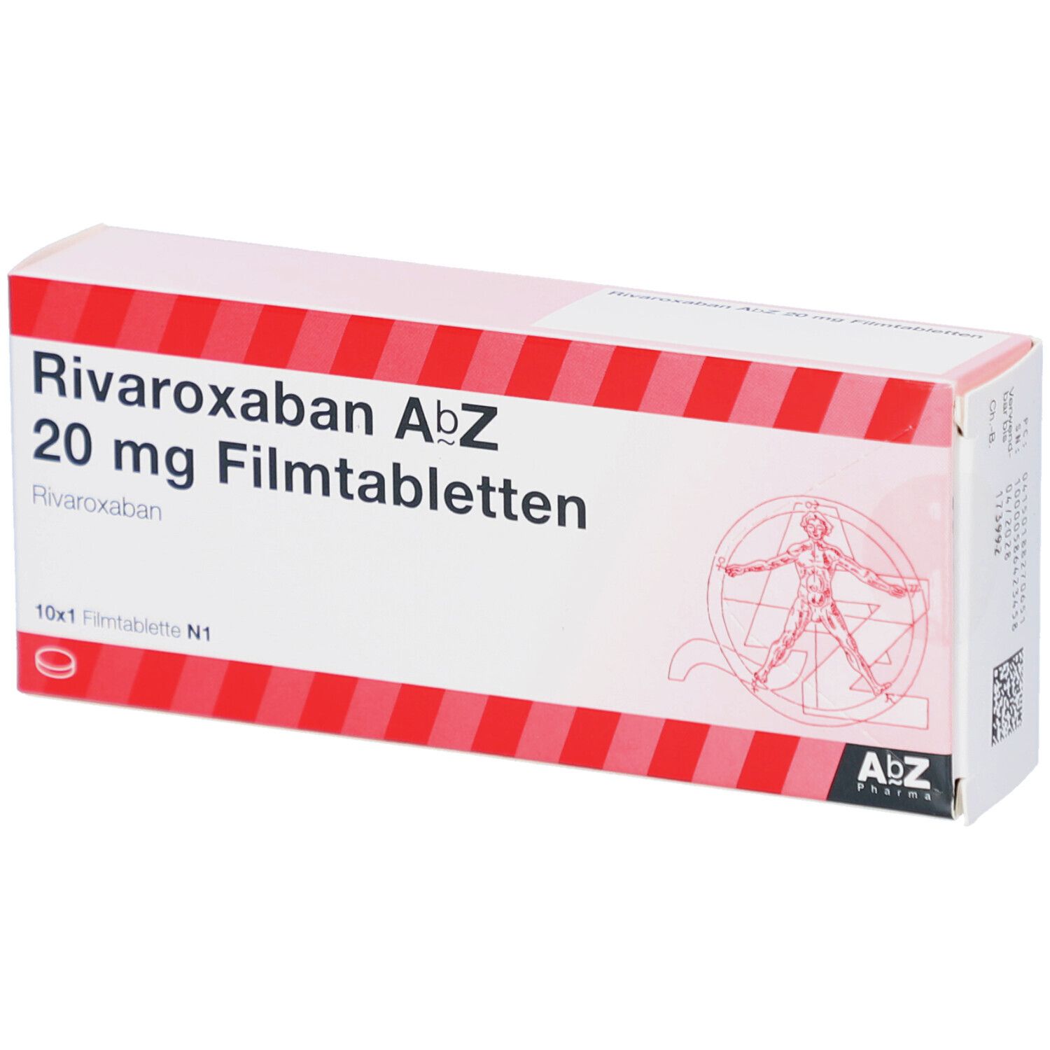 Rote und weiße Schachtel mit Rivaroxaban AbZ 20 mg Filmtabletten. AbZ Pharma Logo. 10x1 Filmtabletten. Aufdruck.