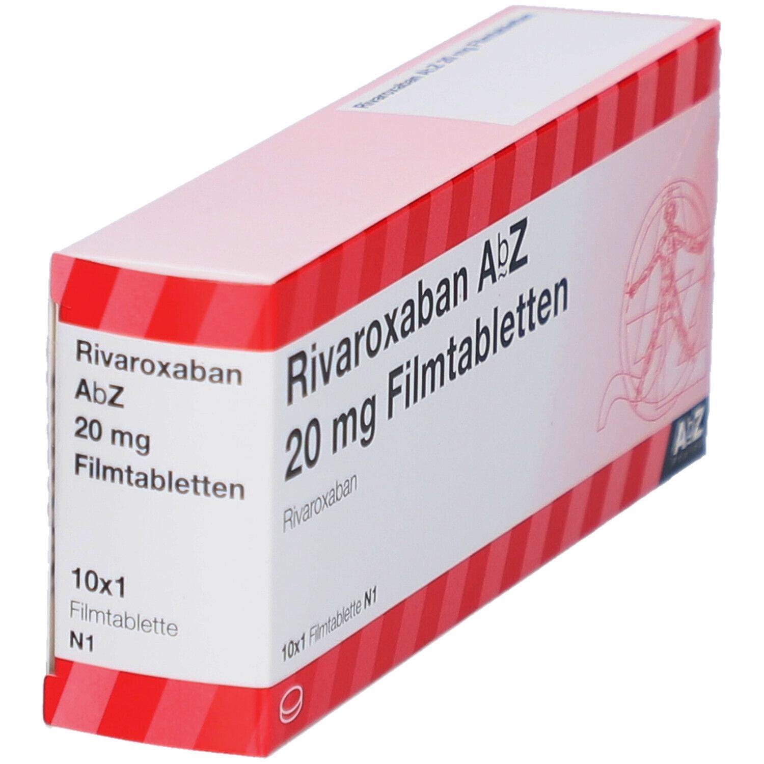 Schachtel Rivaroxaban AbZ 20 mg Filmtabletten, rot-weiß. AbZ Pharma Logo. 10x1 Filmtabletten. Ansicht schräg.