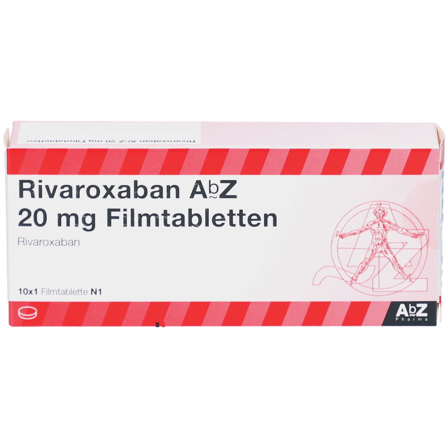 Rote und weiße Schachtel mit Rivaroxaban AbZ 20 mg Filmtabletten. AbZ Pharma Logo. 10x1 Filmtabletten. Aufdruck.
