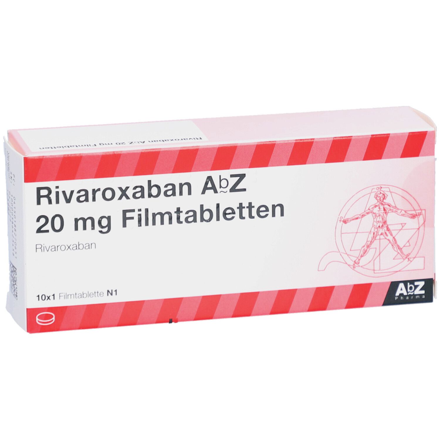Rote und weiße Schachtel mit Rivaroxaban AbZ 20 mg Filmtabletten. AbZ Pharma Logo. 10x1 Filmtabletten. Aufdruck.