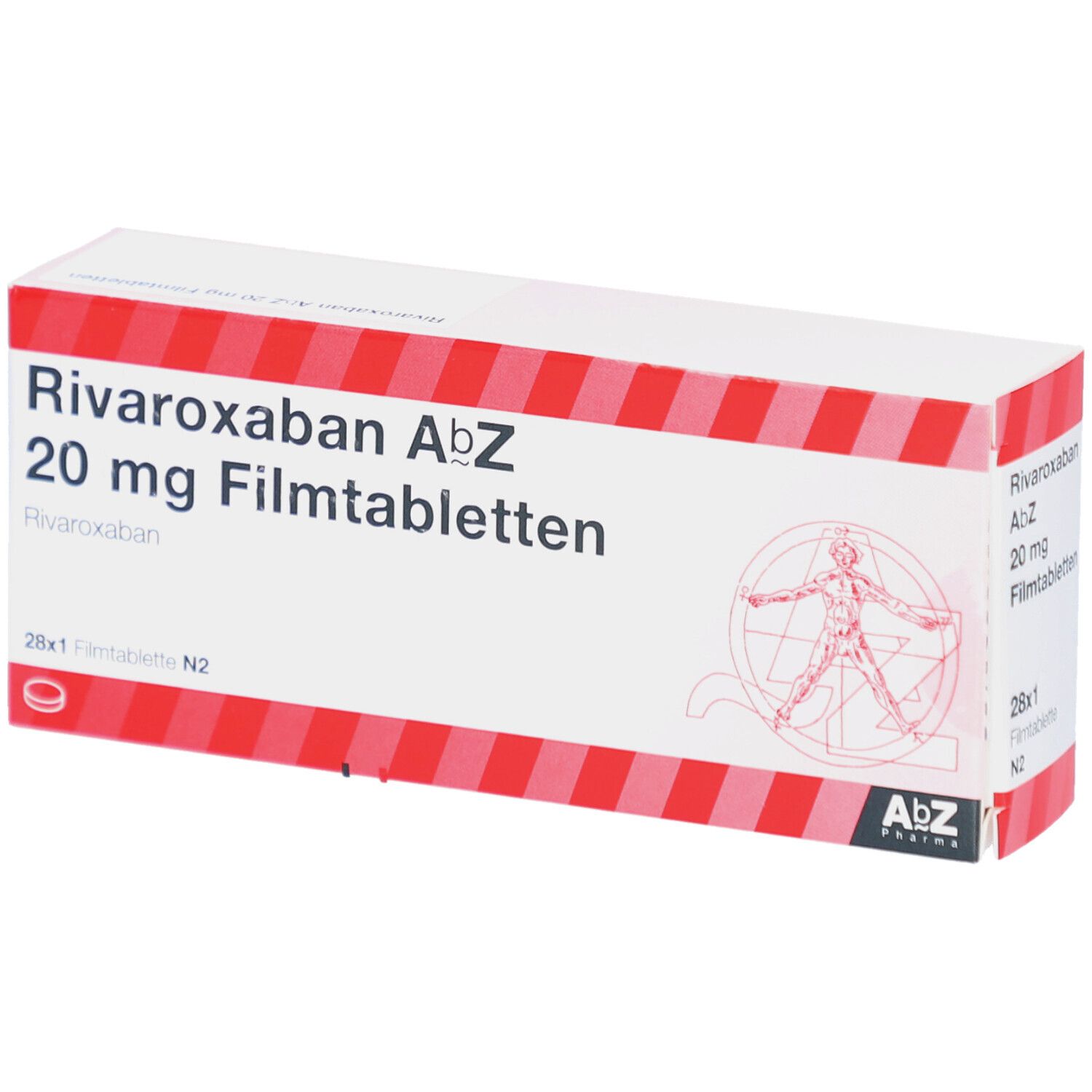 Schachtel mit Rivaroxaban AbZ 20 mg Filmtabletten. Rote und weiße Streifen. Text: 28x1 Filmtablette N2.