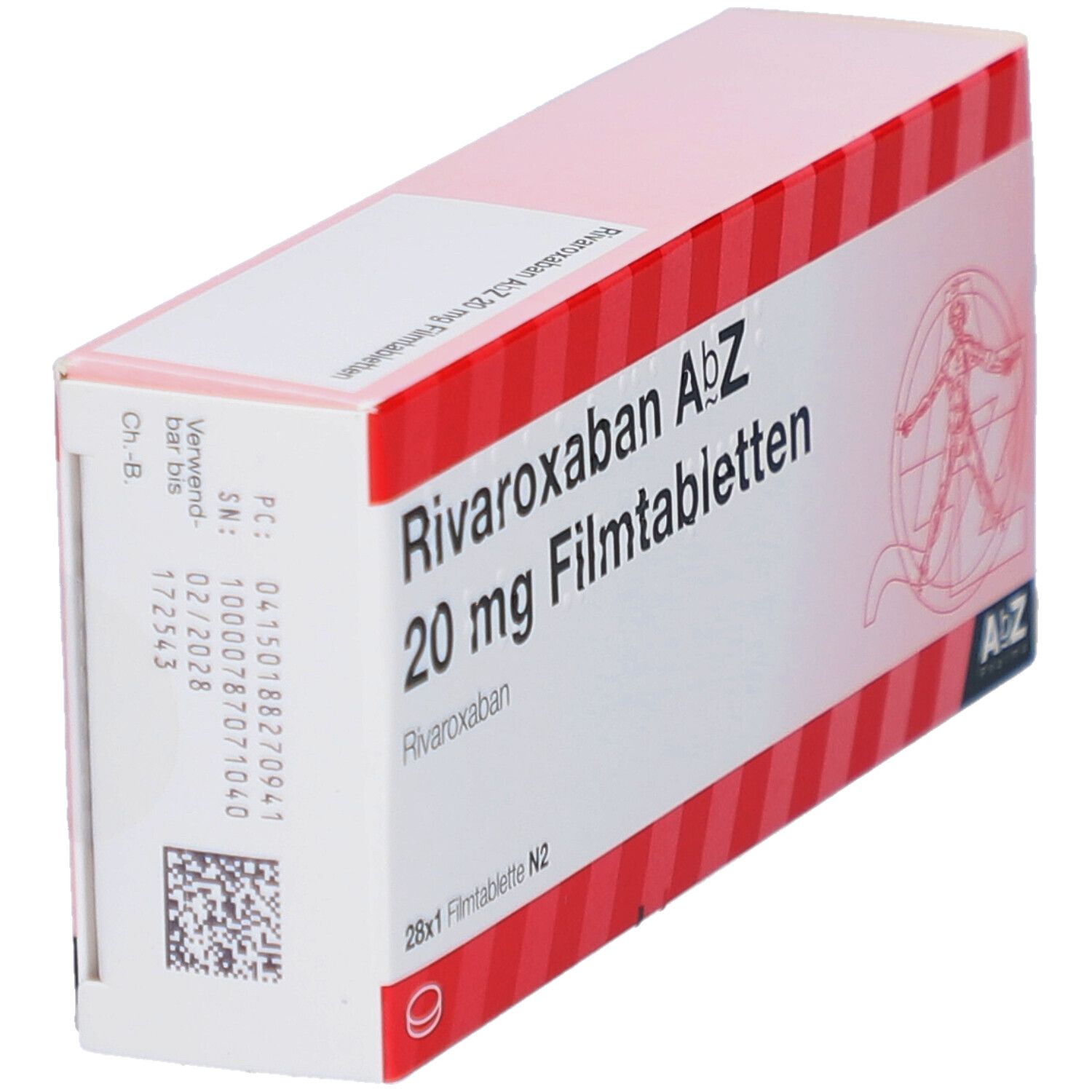 Schachtel mit Rivaroxaban AbZ 20 mg Filmtabletten. Rote und weiße Streifen. Text: 28x1 Filmtablette N2.