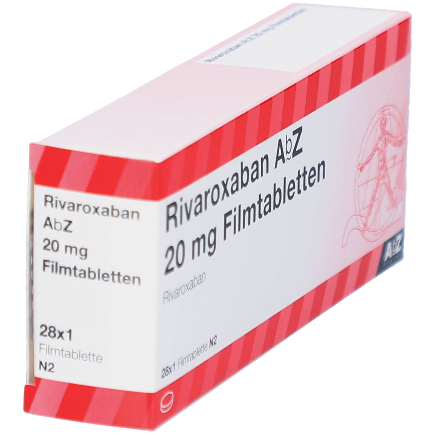 Schachtel mit Rivaroxaban AbZ 20 mg Filmtabletten. Rote und weiße Streifen. Text: 28x1 Filmtablette N2.