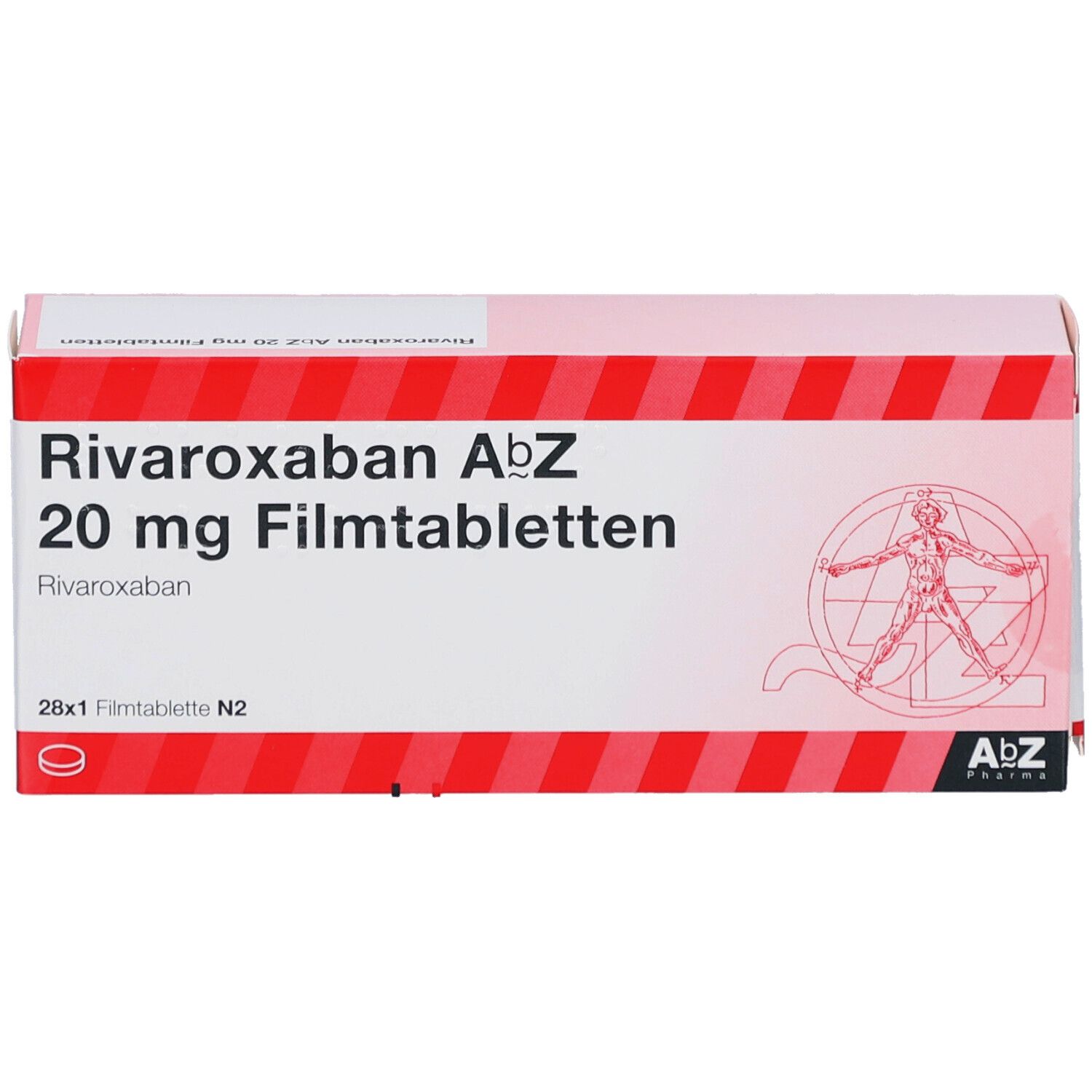 Schachtel mit Rivaroxaban AbZ 20 mg Filmtabletten. Rote und weiße Streifen. Text: 28x1 Filmtablette N2.