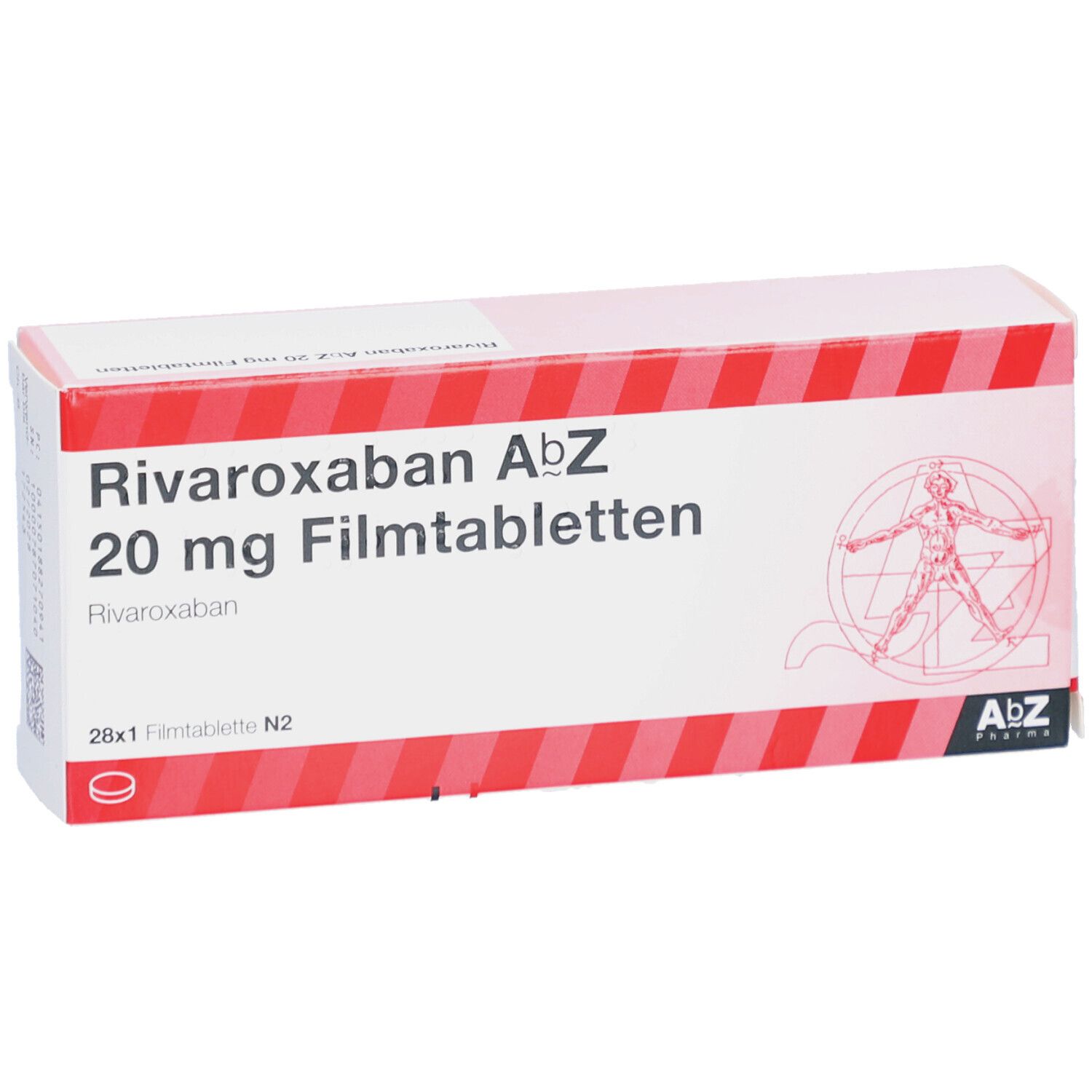 Schachtel mit Rivaroxaban AbZ 20 mg Filmtabletten. Rote und weiße Streifen. Text: 28x1 Filmtablette N2.