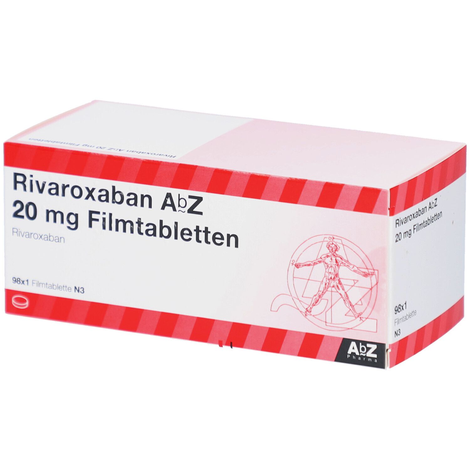 Schachtel mit Aufschrift: Rivaroxaban AbZ 20 mg Filmtabletten. AbZ Pharma Logo. 98x1 Filmtablette N3.