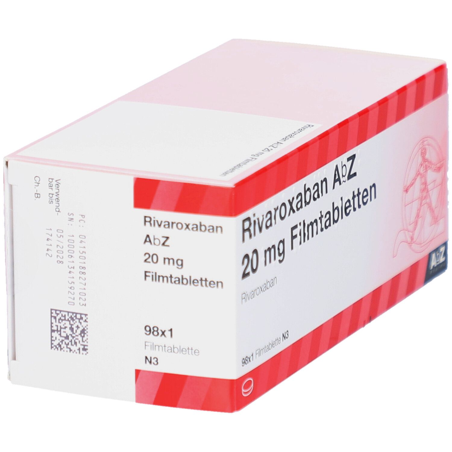 Schachtel mit Rivaroxaban AbZ 20 mg Filmtabletten. Rückseite mit Informationen und Barcode. 98x1 Filmtablette N3.