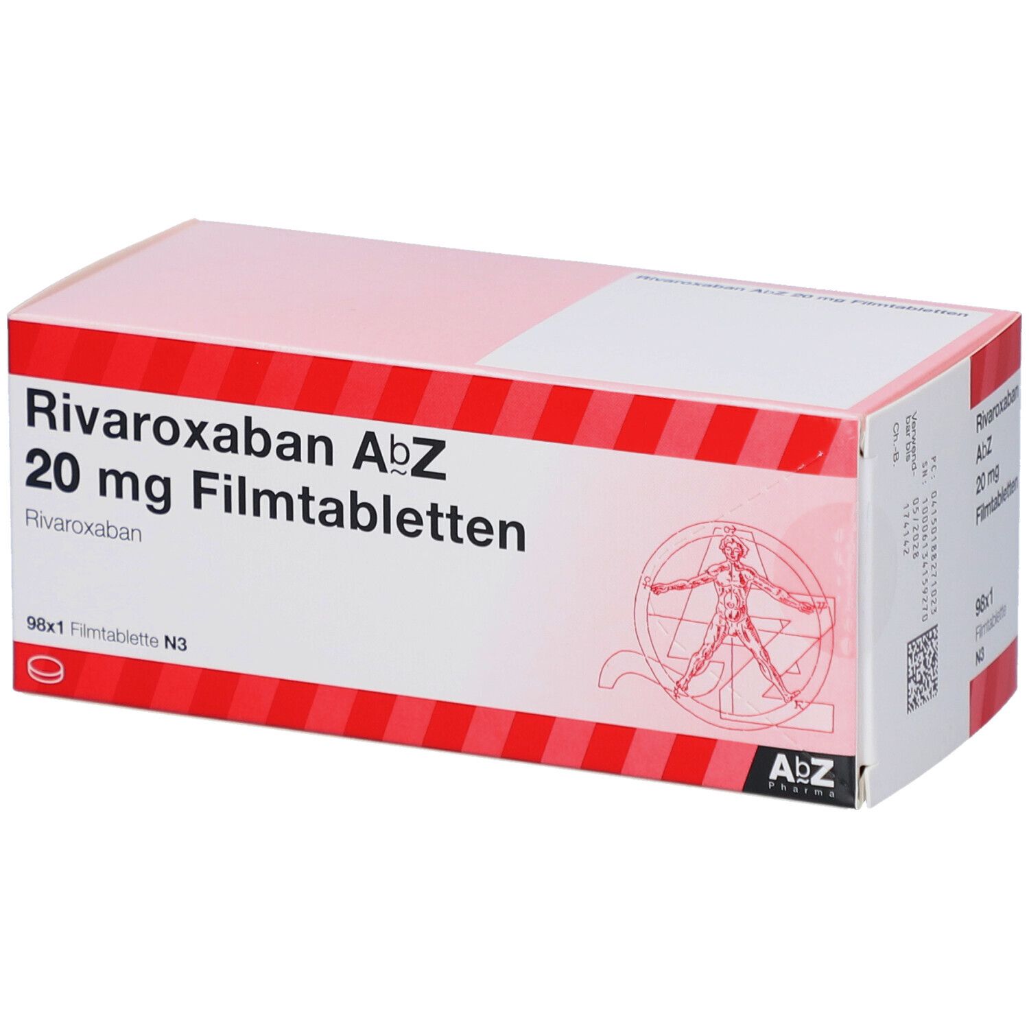 Schachtel mit Rivaroxaban AbZ 20 mg Filmtabletten. AbZ Pharma Logo. 98x1 Filmtablette N3. Detailansicht.
