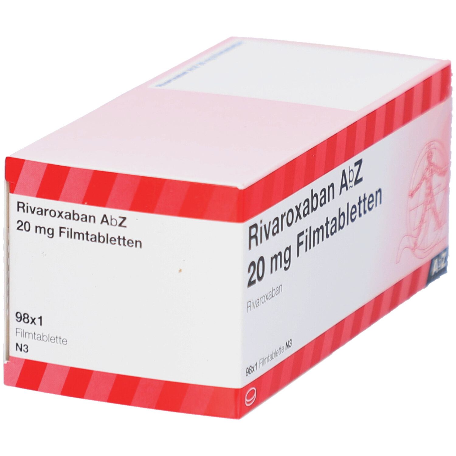 Schachtel mit Rivaroxaban AbZ 20 mg Filmtabletten. AbZ Pharma Logo. 98x1 Filmtablette N3. Schrägansicht.