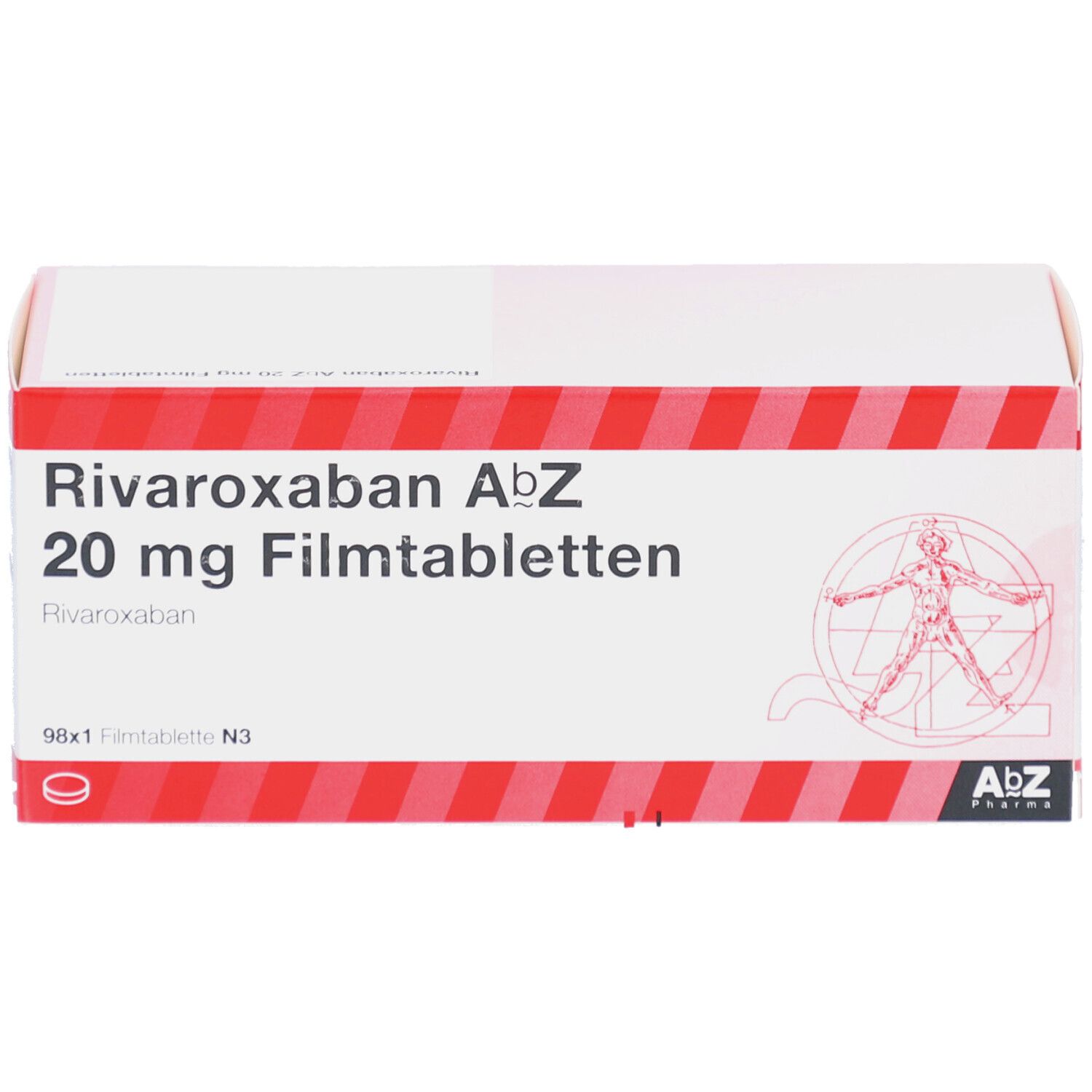 Schachtel mit Rivaroxaban AbZ 20 mg Filmtabletten. AbZ Pharma Logo. 98x1 Filmtablette N3. Vorderansicht.