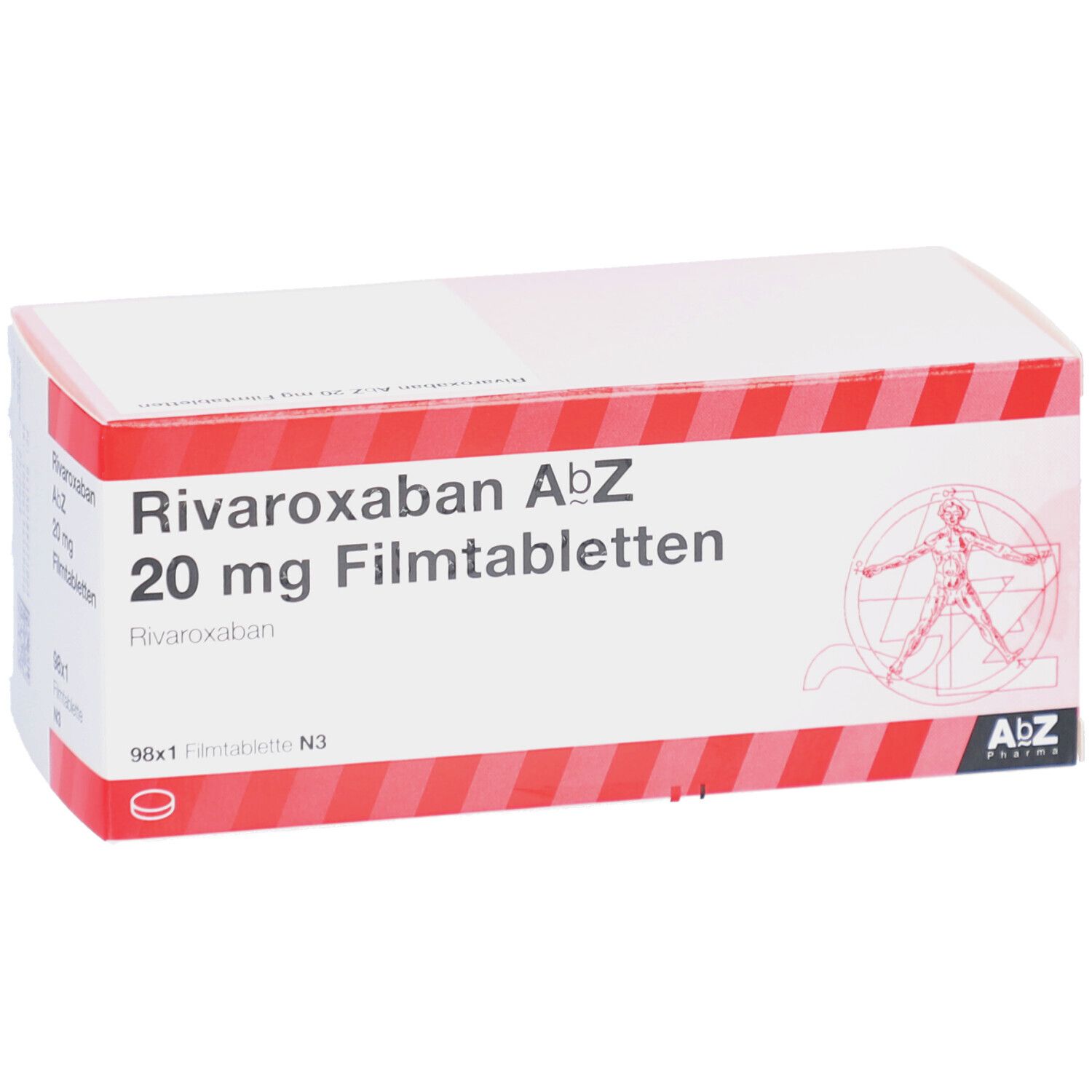 Schachtel mit Rivaroxaban AbZ 20 mg Filmtabletten. AbZ Pharma Logo. 98x1 Filmtablette N3. Detailansicht.