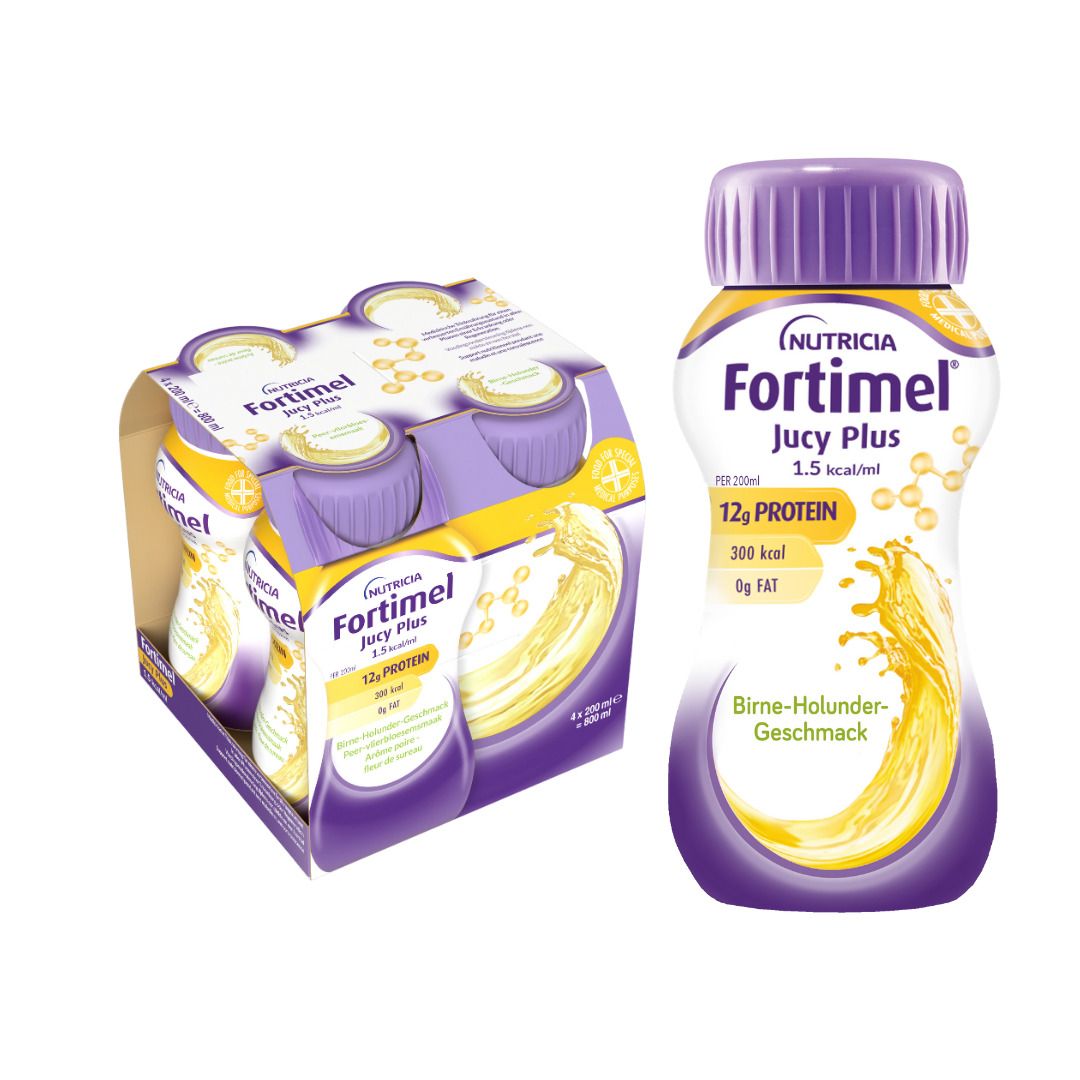 Fortimel® Jucy Plus Birne-Holunder – Hochkalorische Trinknahrung mit vielen wichtigen Nährstoffen – 300 kcal und 12 g Ei
