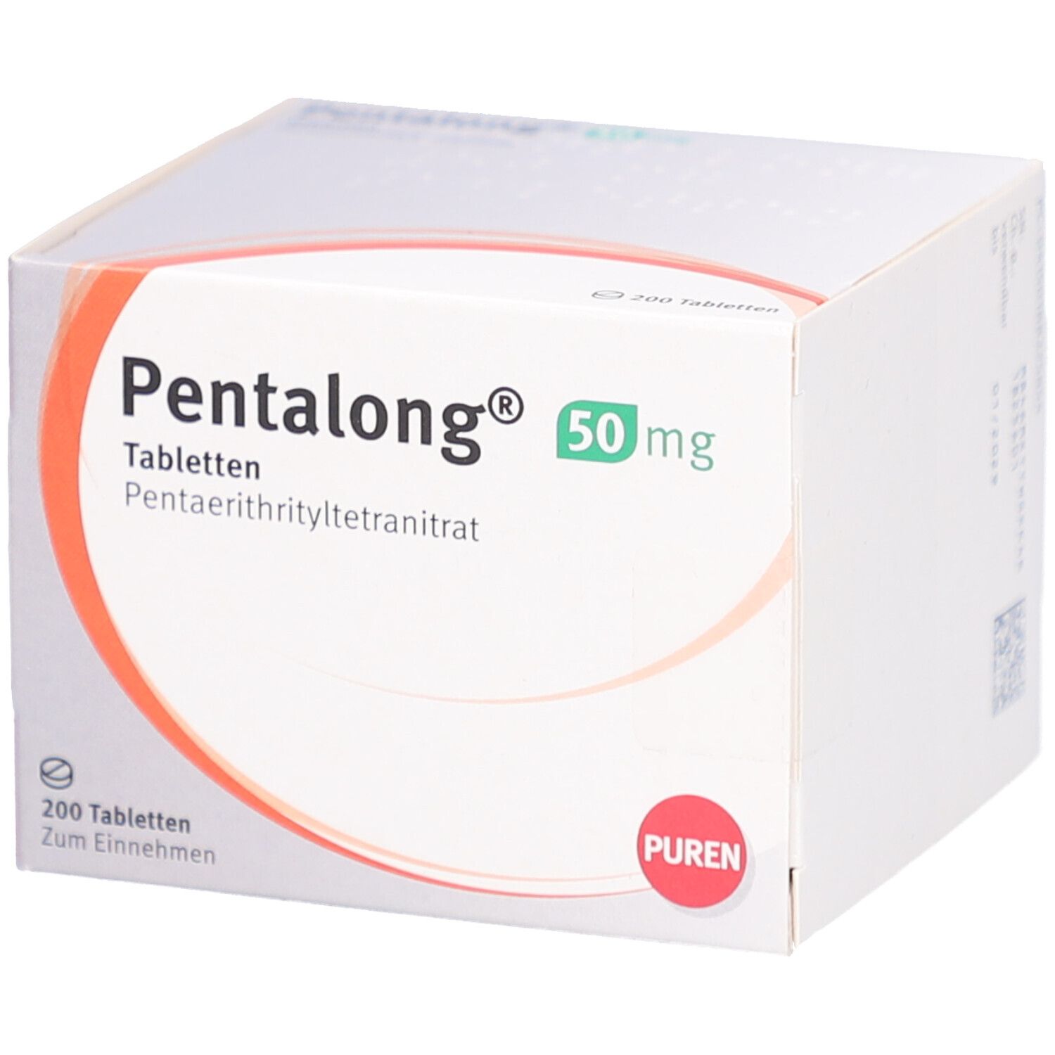 PENTALONG 50 mg Tabletten-Packung. Weiße Schachtel mit rotem und grünem Design. 200 Tabletten. PUREN-Logo.