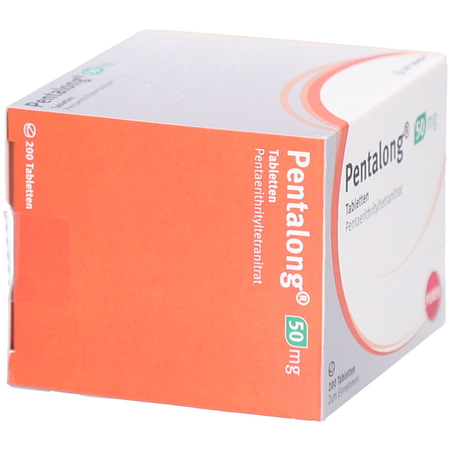 PENTALONG 50 mg Tabletten-Packung. Weiße Schachtel mit rotem und grünem Design. 200 Tabletten. PUREN-Logo.