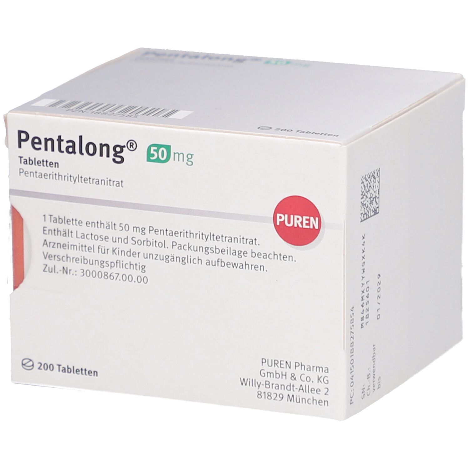 PENTALONG 50 mg Tabletten-Packung. Weiße Schachtel mit rotem und grünem Design. 200 Tabletten. PUREN-Logo.