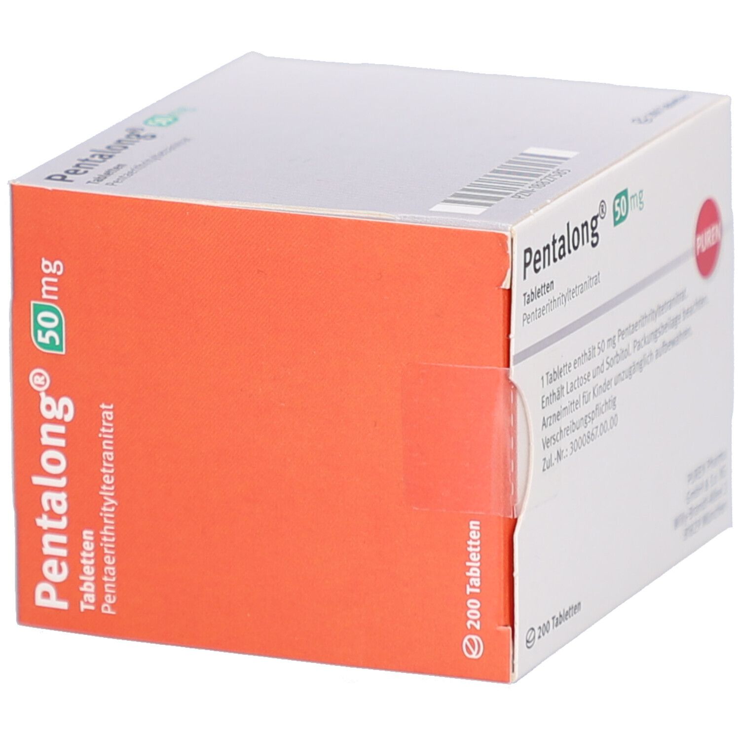 PENTALONG 50 mg Tabletten-Packung. Weiße Schachtel mit rotem und grünem Design. 200 Tabletten. PUREN-Logo.