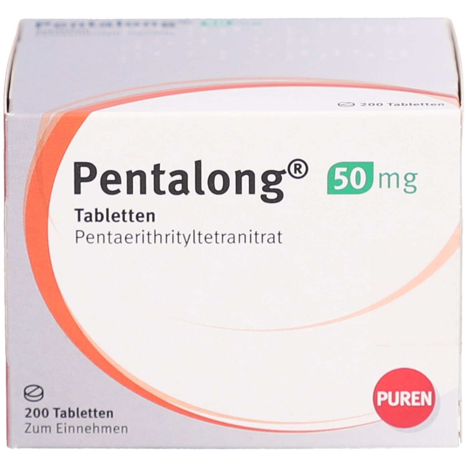 PENTALONG 50 mg Tabletten-Packung. Weiße Schachtel mit rotem und grünem Design. 200 Tabletten. PUREN-Logo.