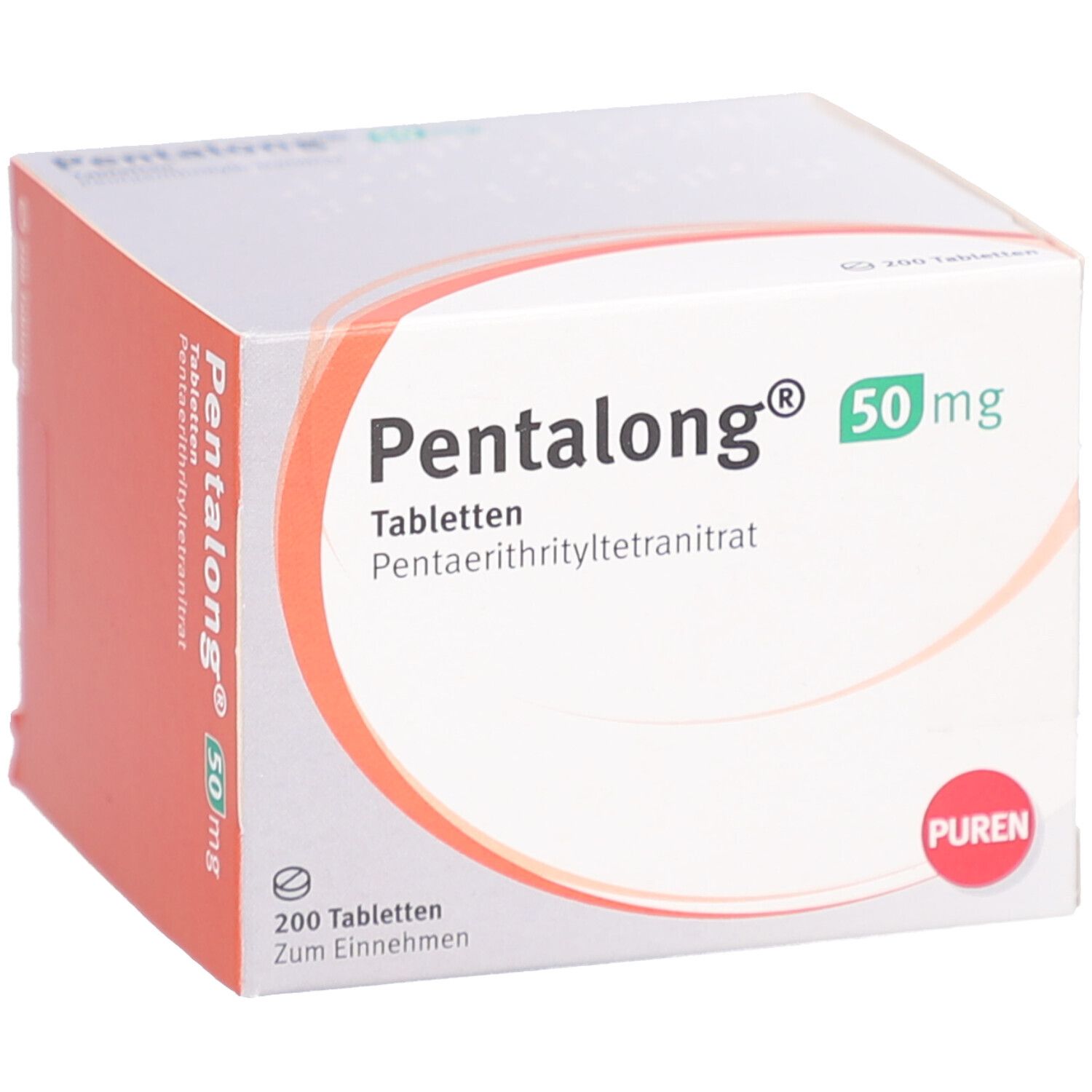 PENTALONG 50 mg Tabletten-Packung. Weiße Schachtel mit rotem und grünem Design. 200 Tabletten. PUREN-Logo.